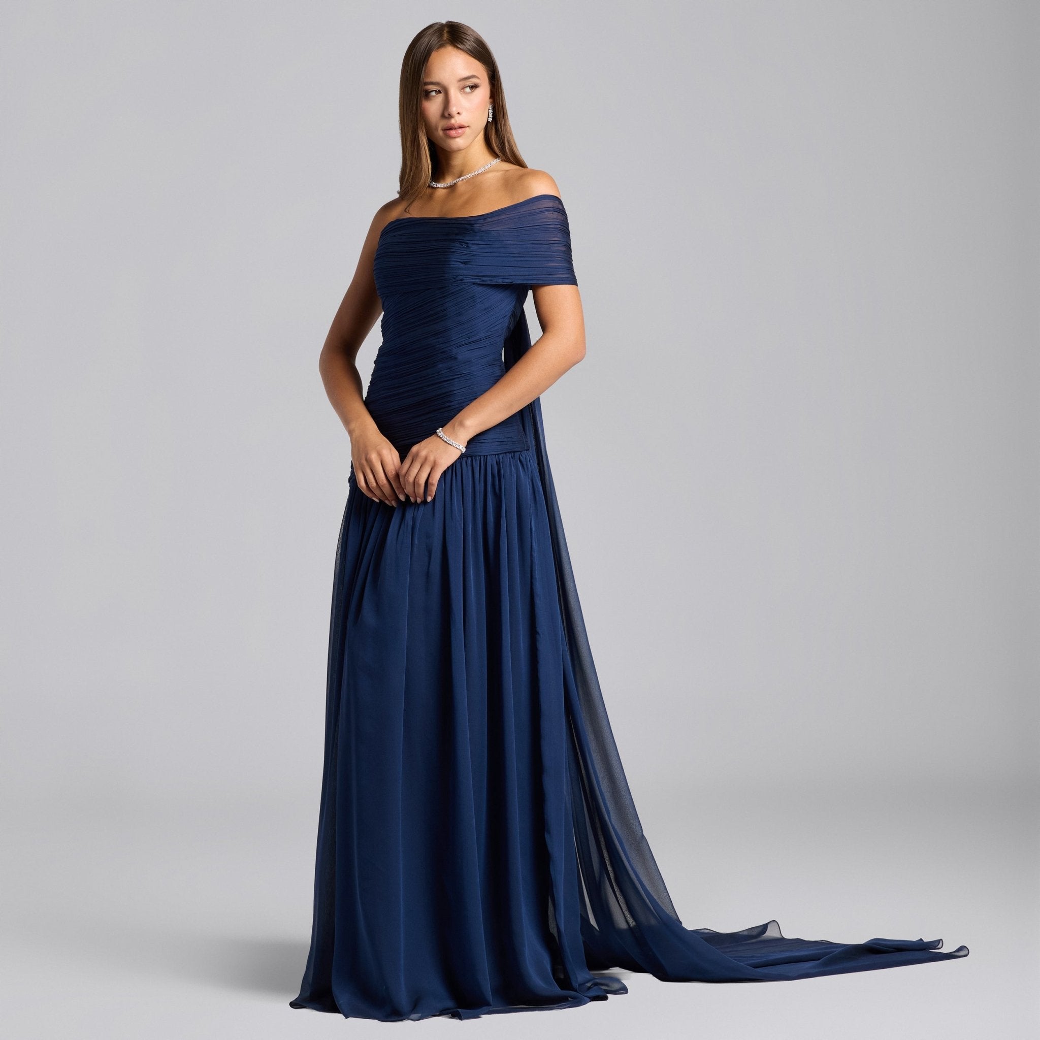 Navy Chiffon Ruched Gown with Back Scarf - shopaleena