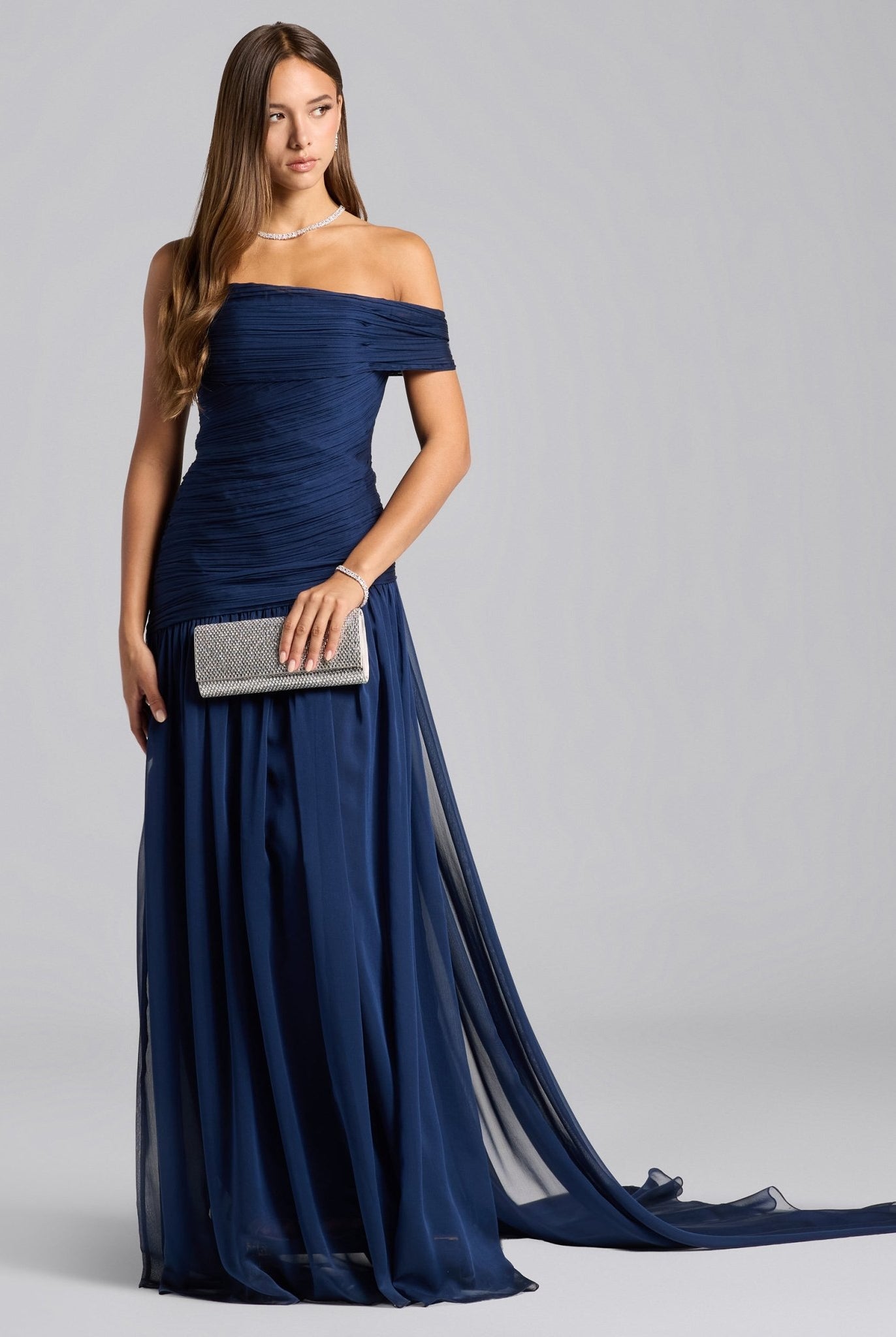 Navy Chiffon Ruched Gown with Back Scarf - shopaleena