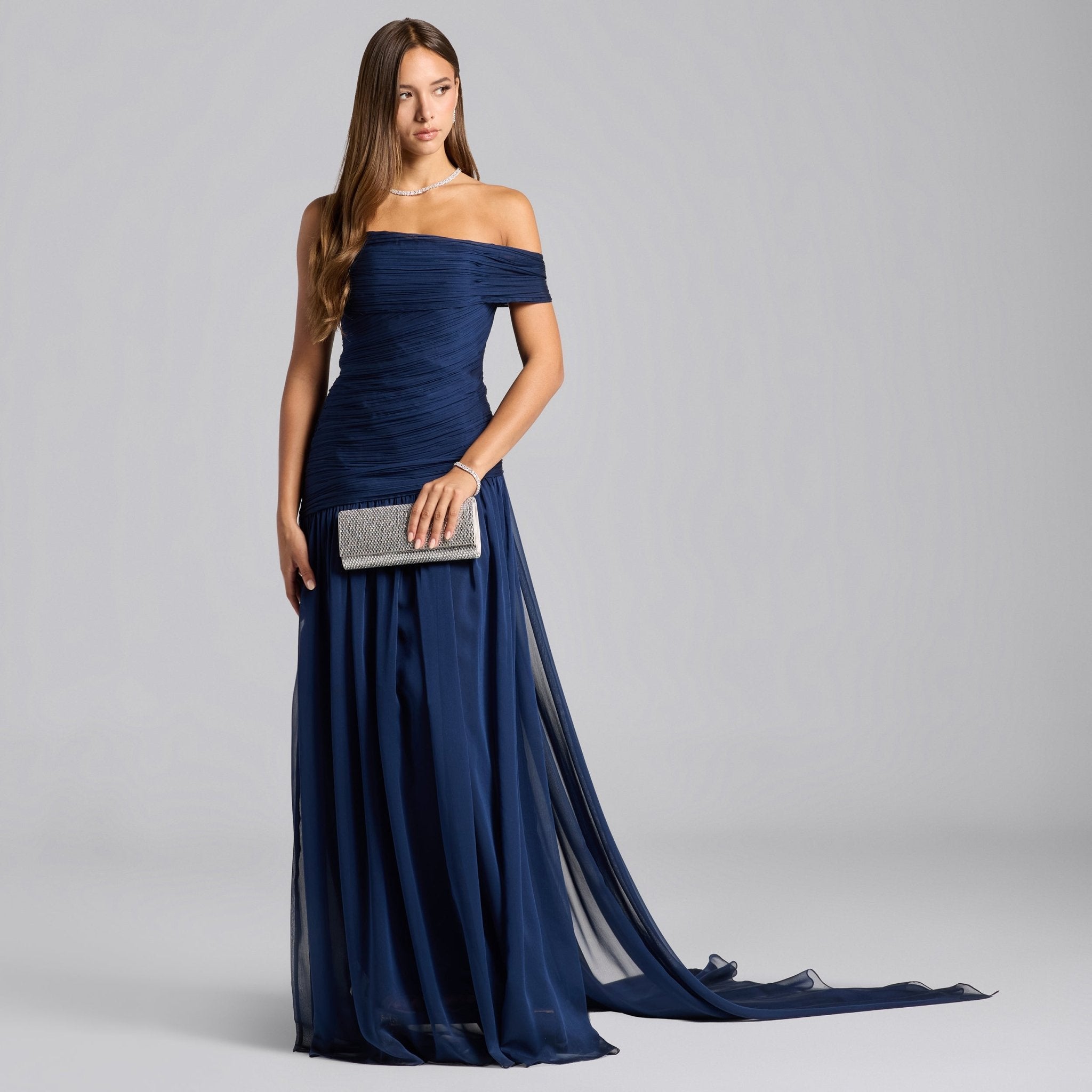 Navy Chiffon Ruched Gown with Back Scarf - shopaleena