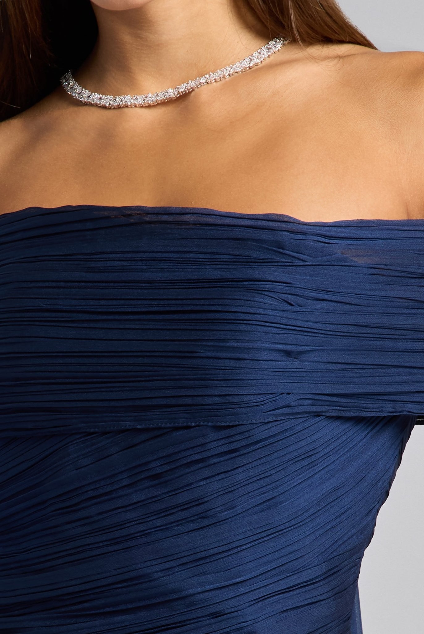 Navy Chiffon Ruched Gown with Back Scarf - shopaleena