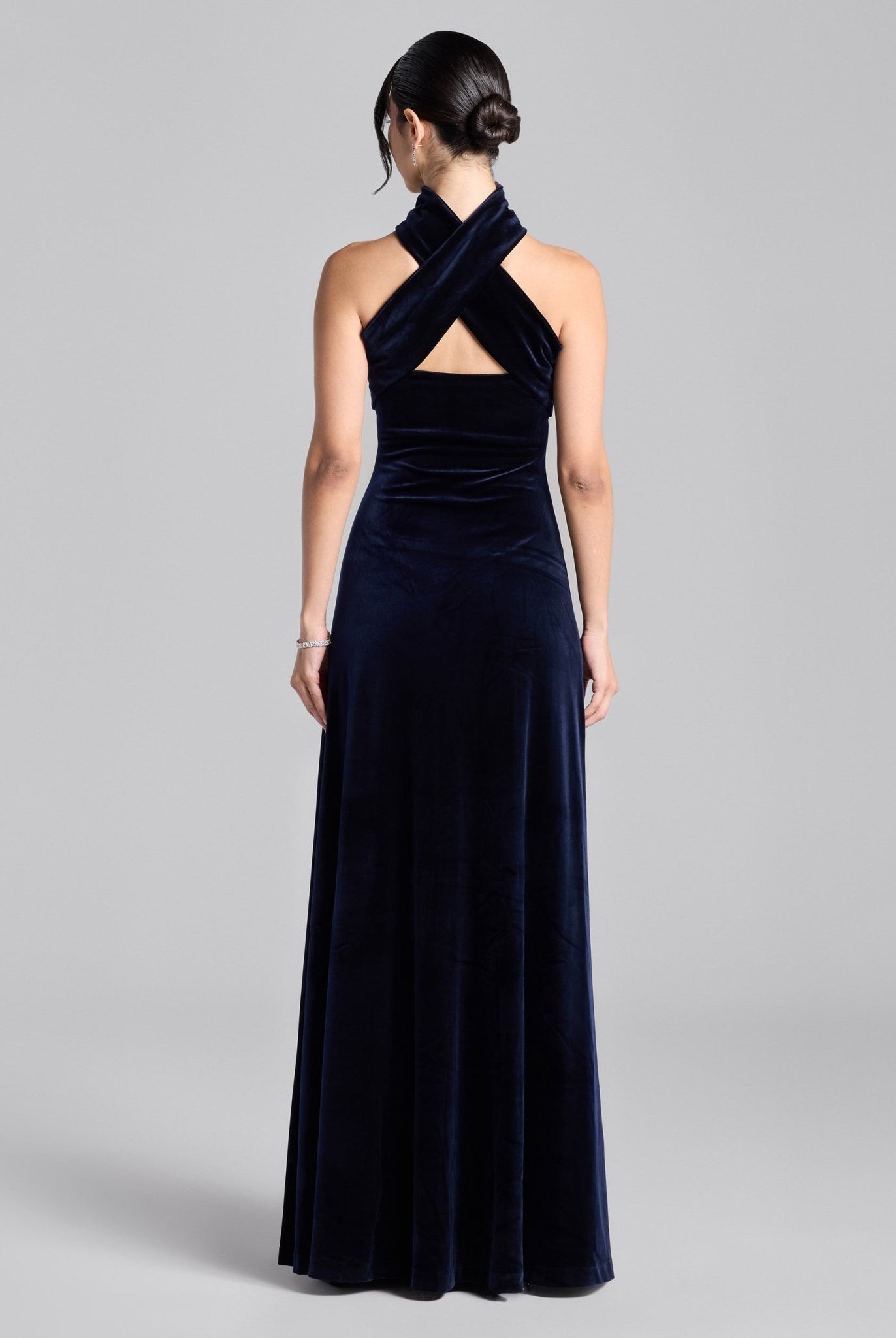 Navy Choker Neck Velvet Maxi Dress - shopaleena