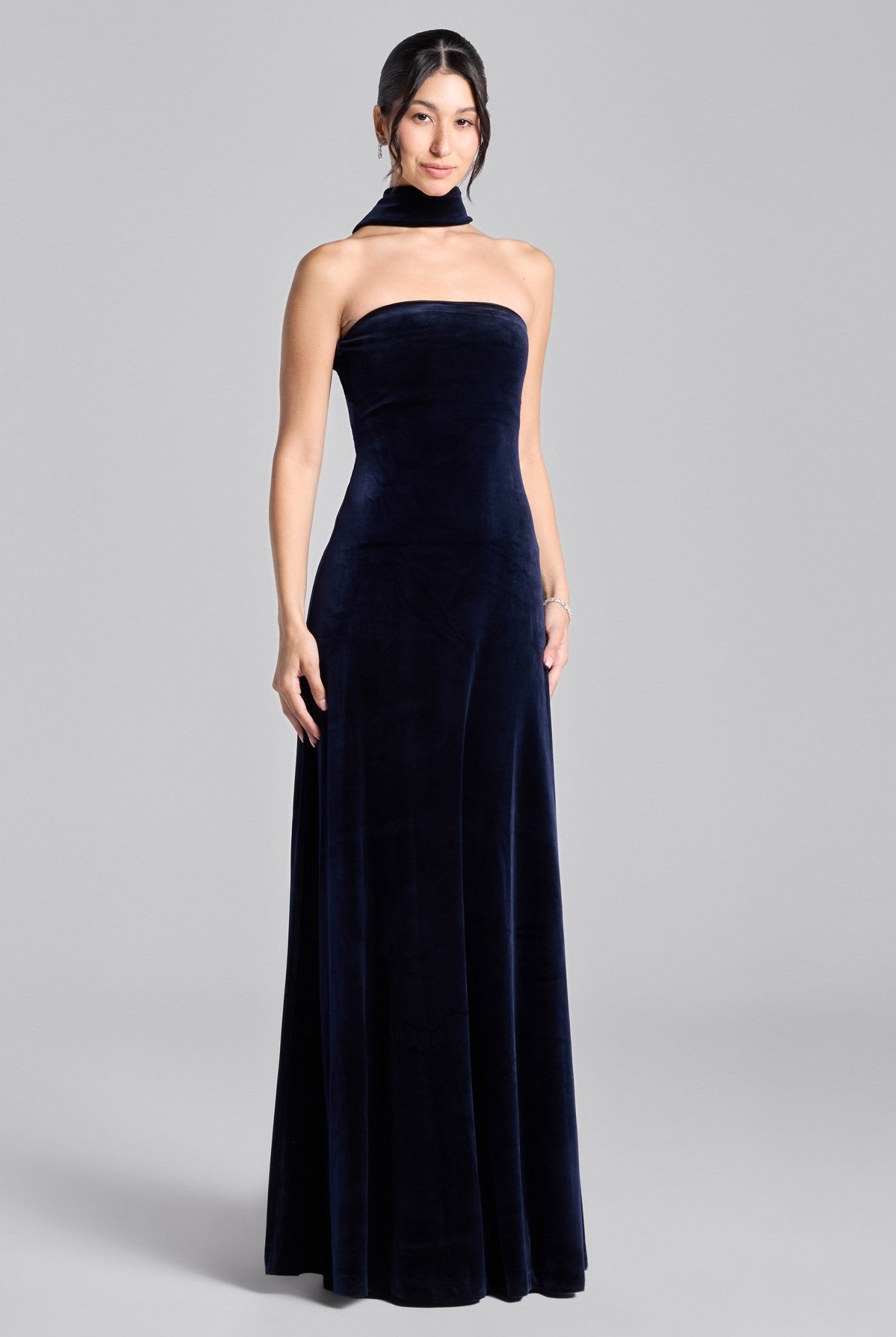 Navy Choker Neck Velvet Maxi Dress - shopaleena