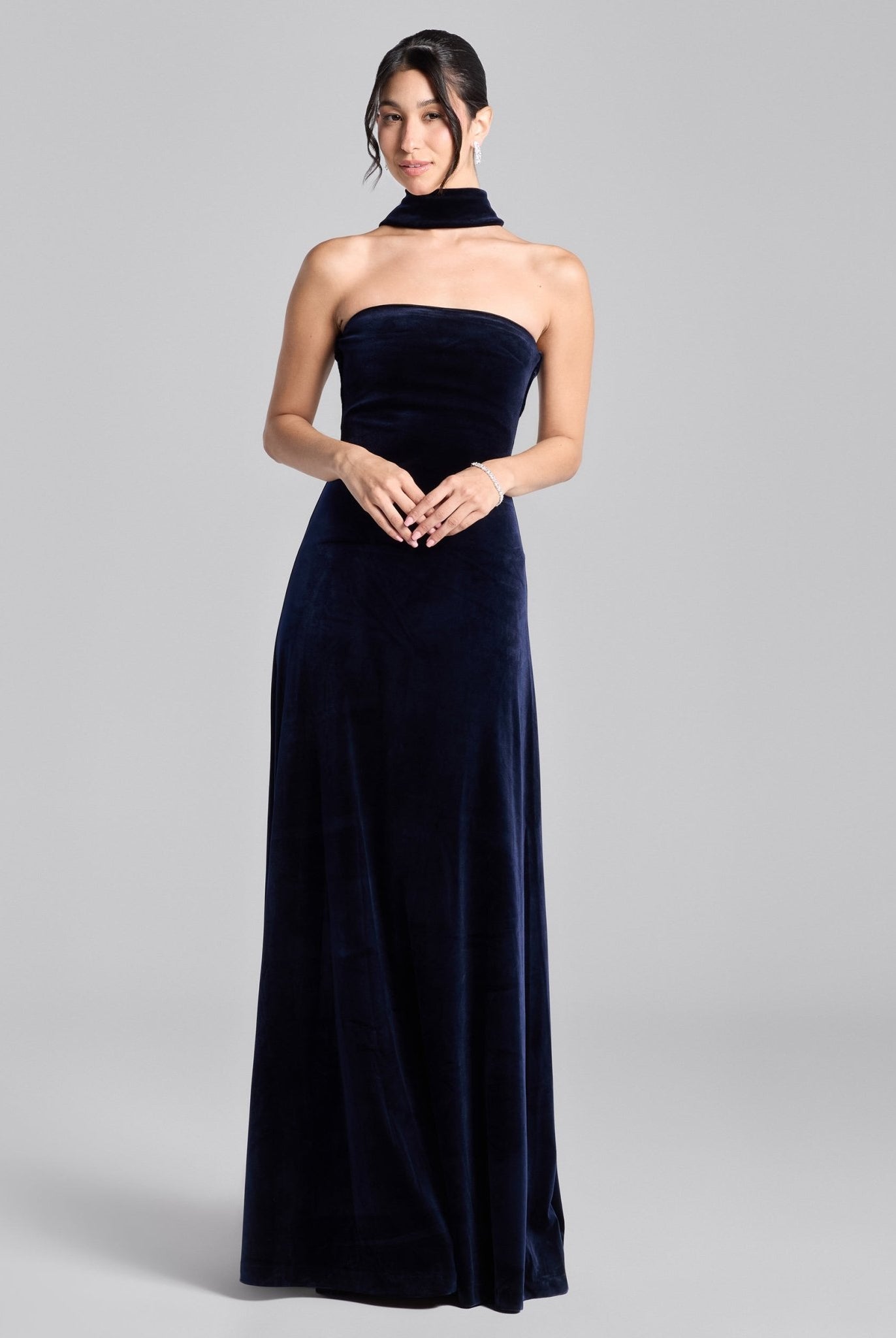 Navy Choker Neck Velvet Maxi Dress - shopaleena