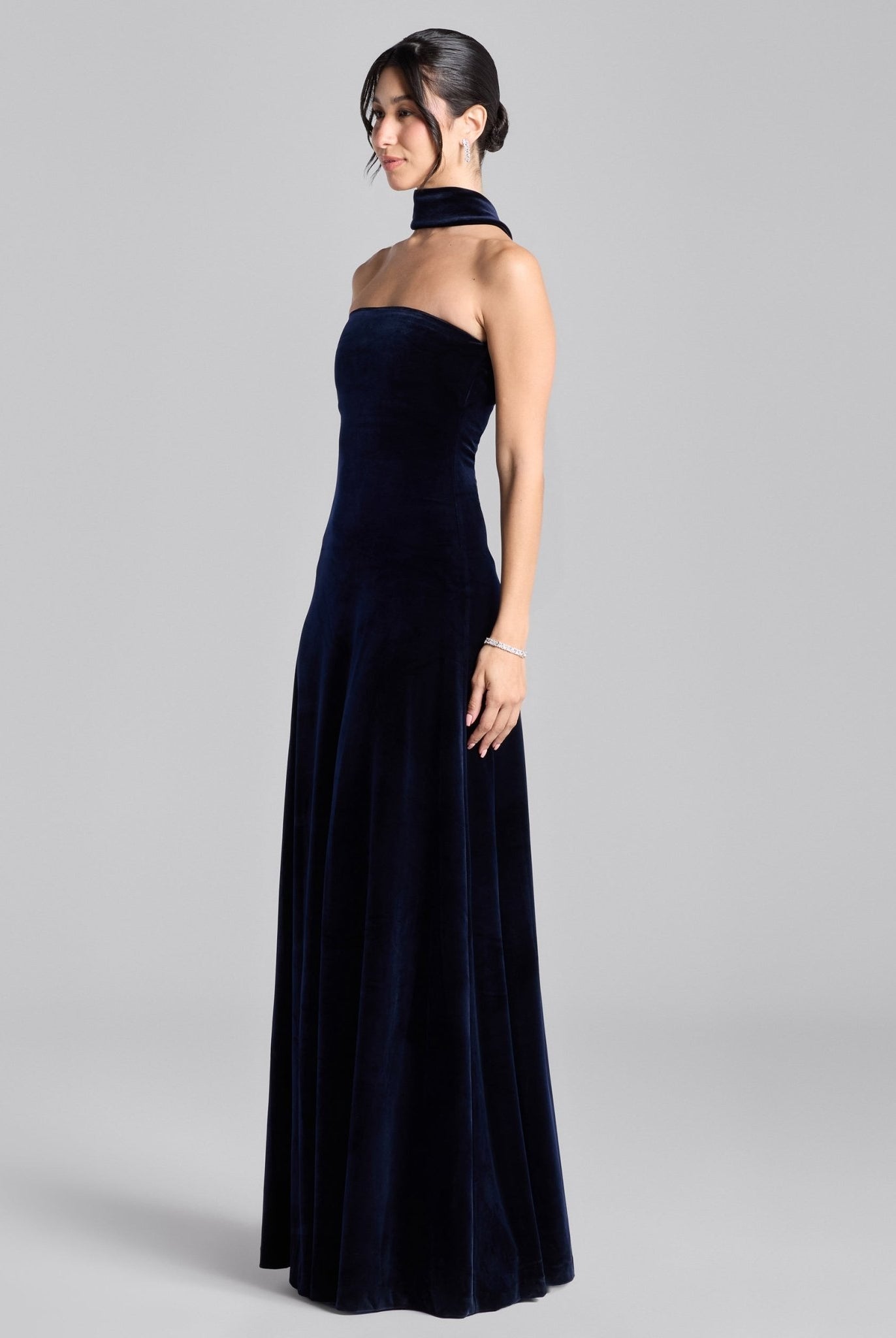 Navy Choker Neck Velvet Maxi Dress - shopaleena
