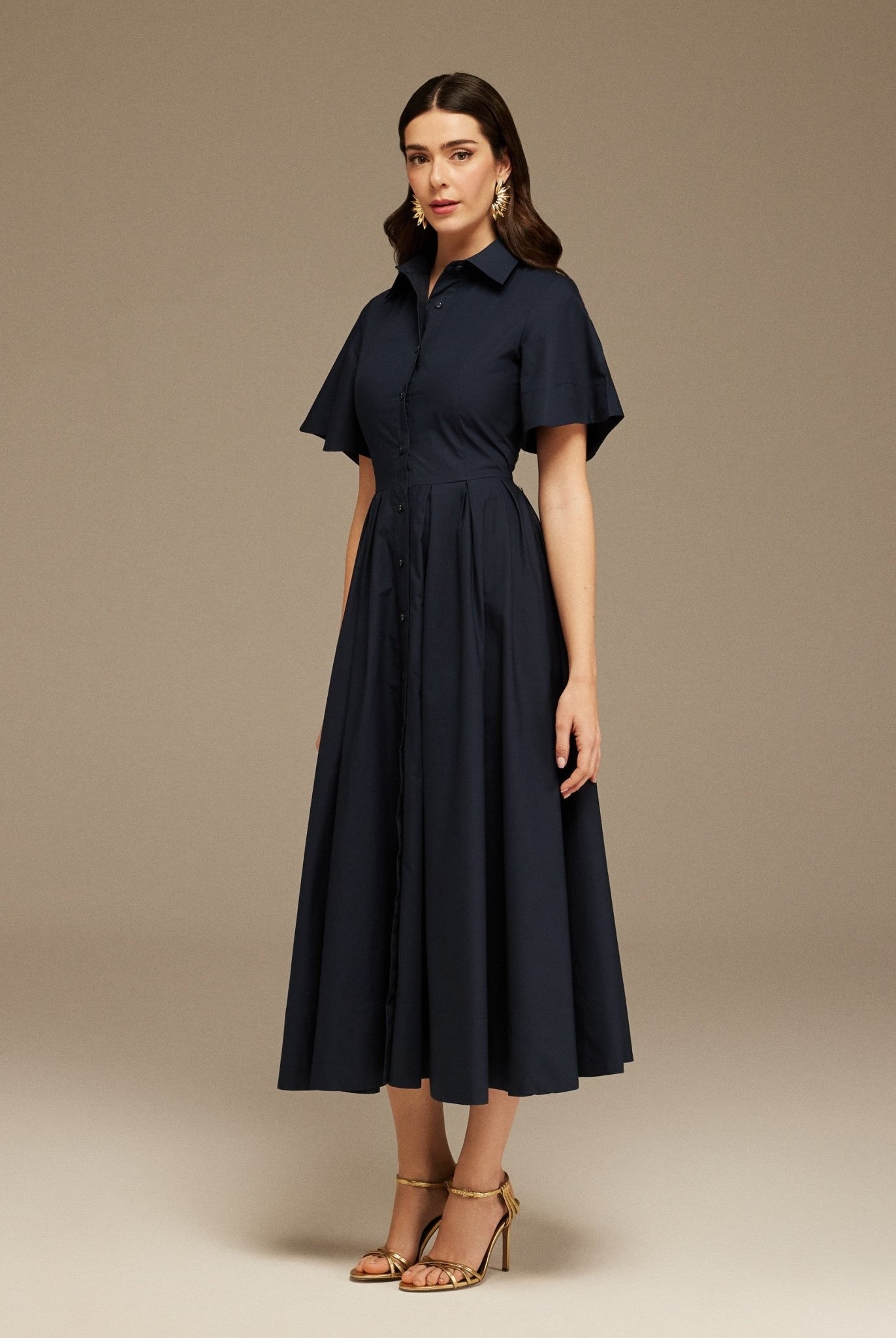 Navy Collard Cotton Long Aline Dress - shopaleena