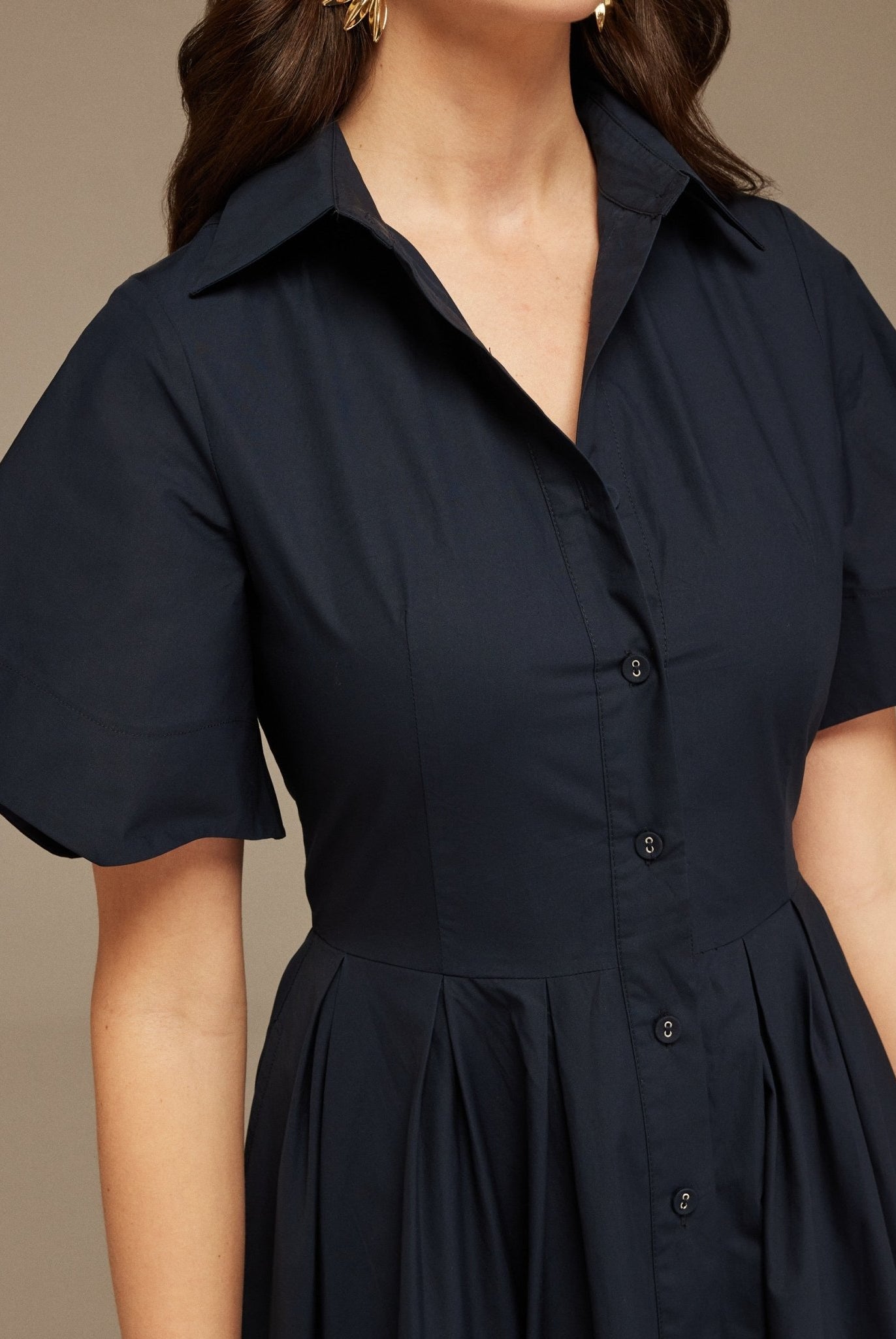 Navy Collard Cotton Long Aline Dress - shopaleena