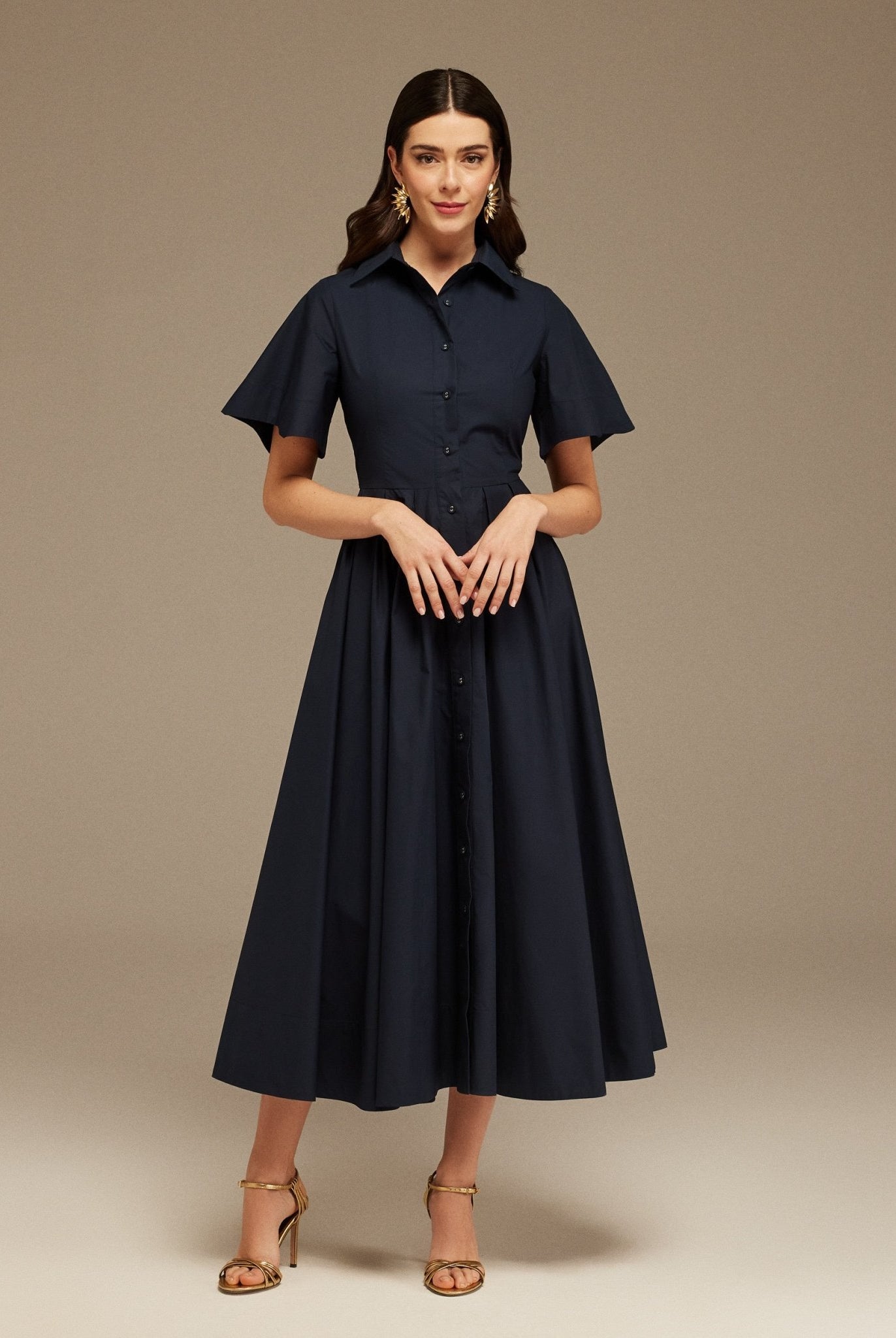 Navy Collard Cotton Long Aline Dress - shopaleena