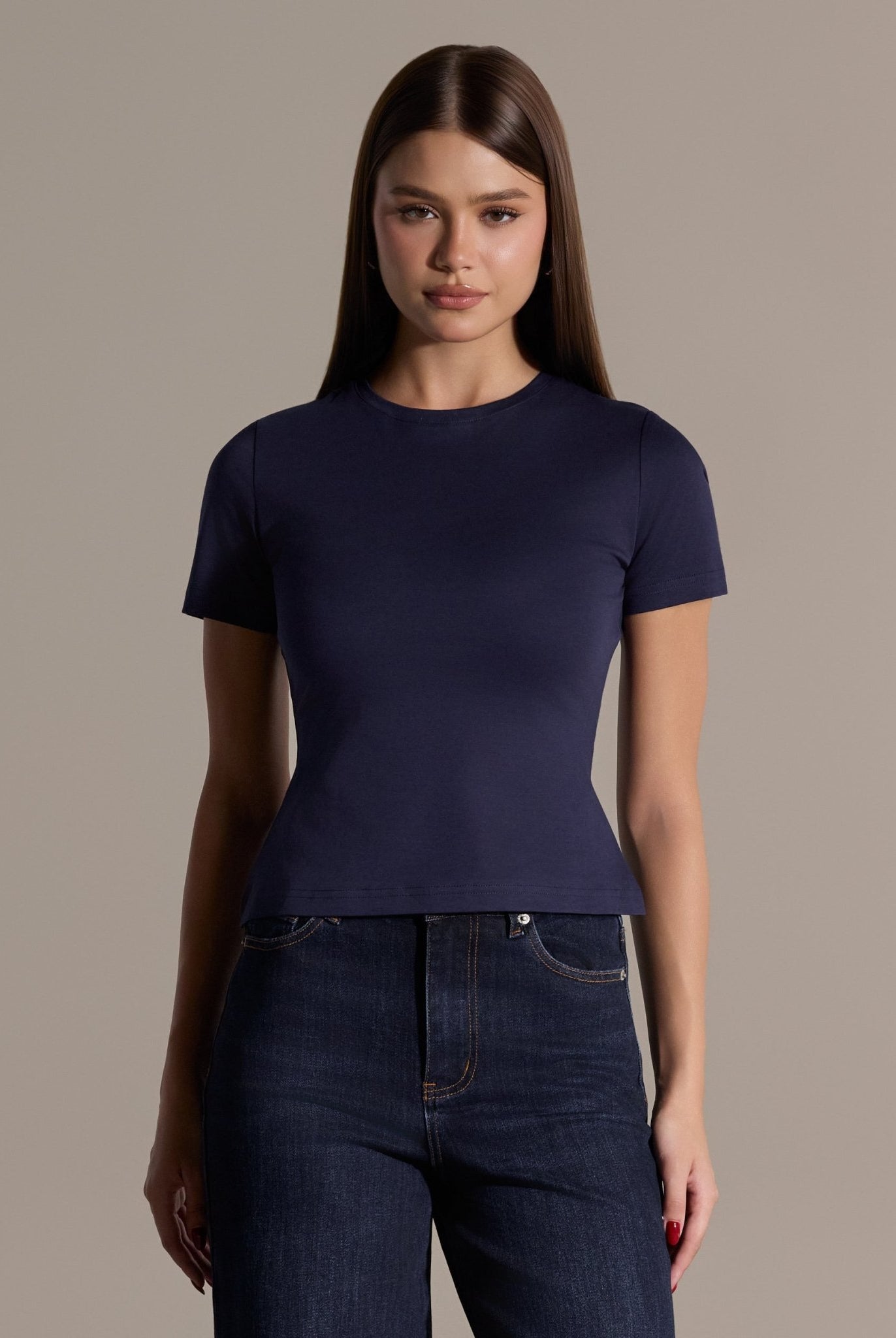 Navy Crew Neck Fitted T-Shirt - shopaleena