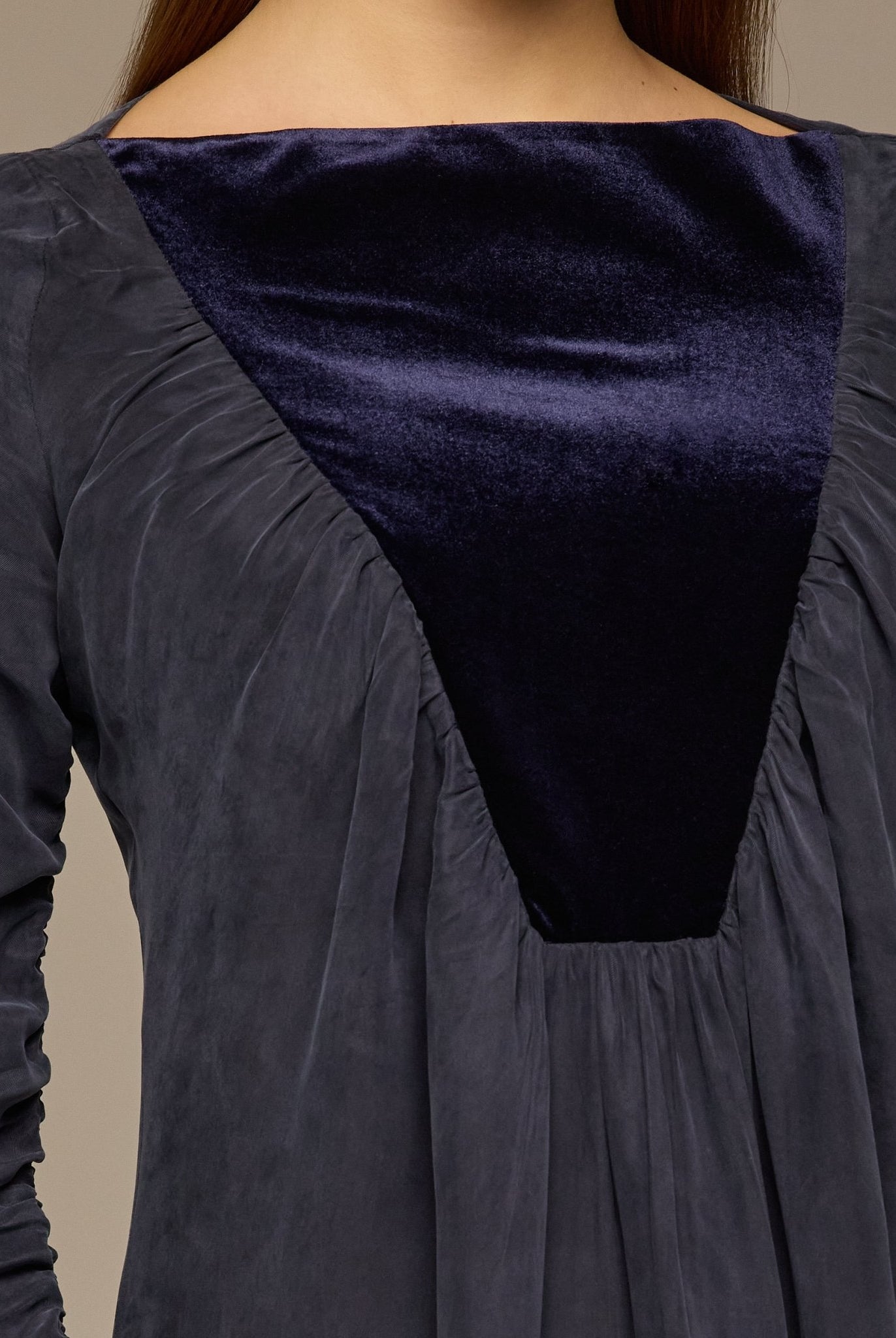 Navy Cupro Dress with Velvet Panel Detail - shopaleena