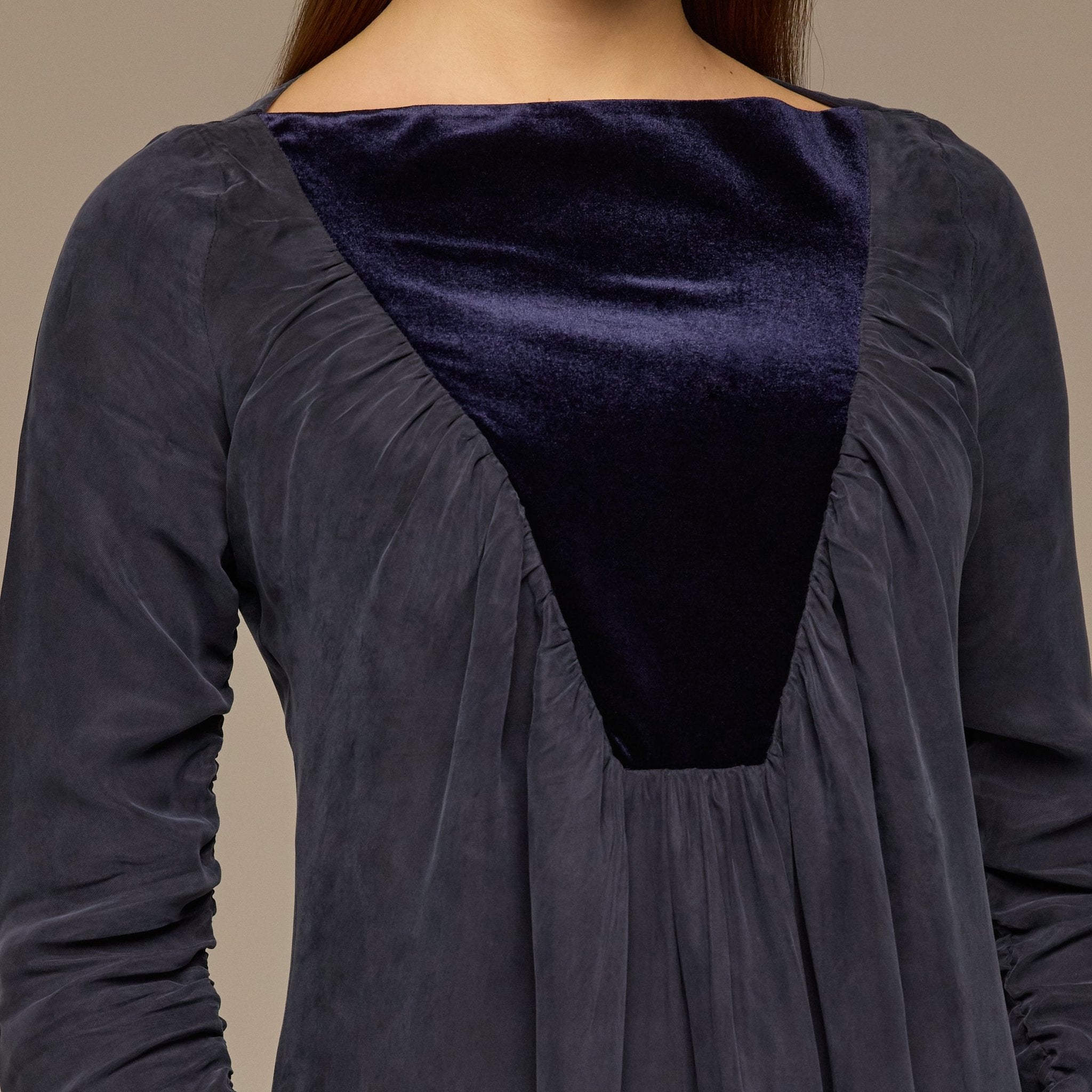 Navy Cupro Dress with Velvet Panel Detail - shopaleena