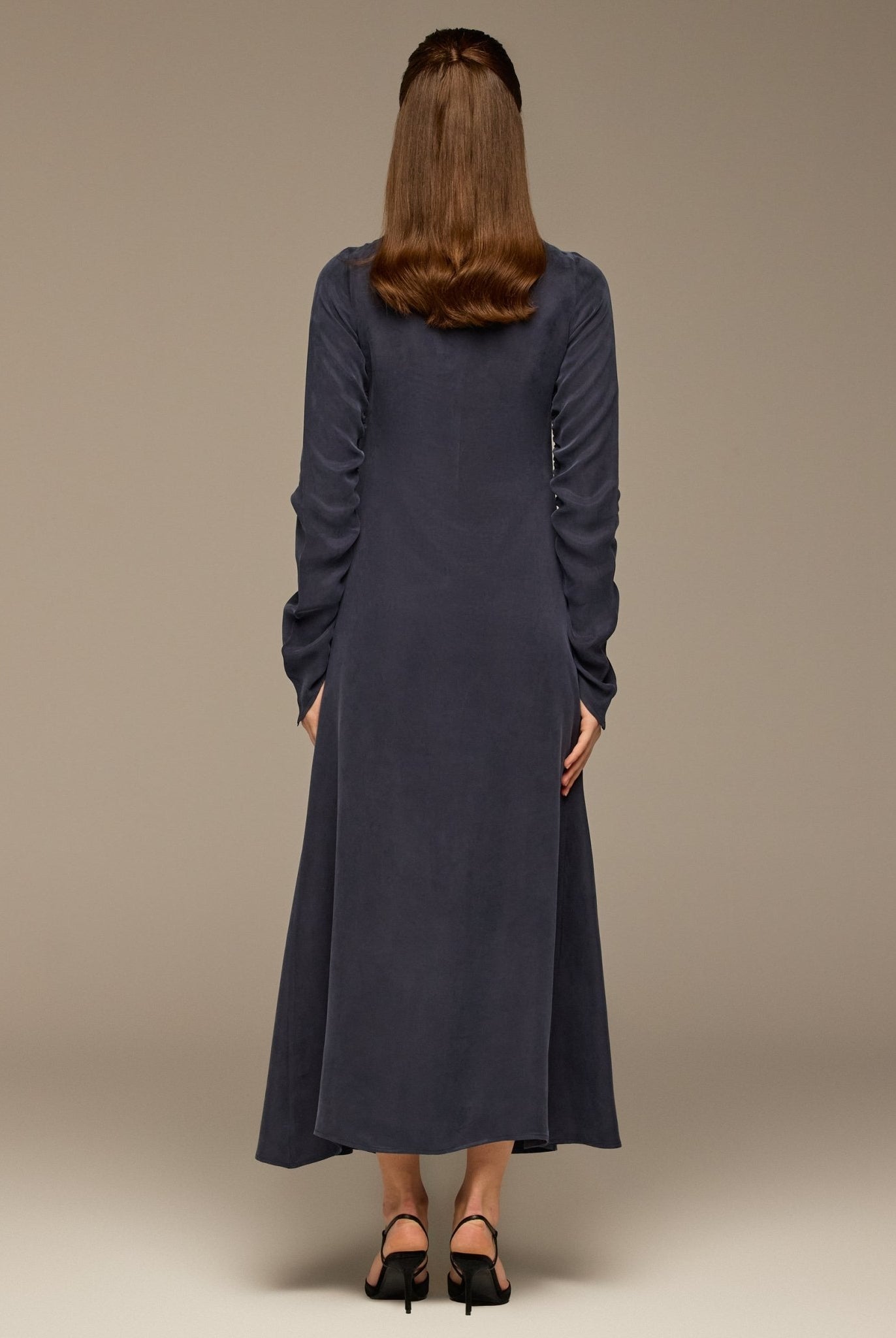 Navy Cupro Dress with Velvet Panel Detail - shopaleena