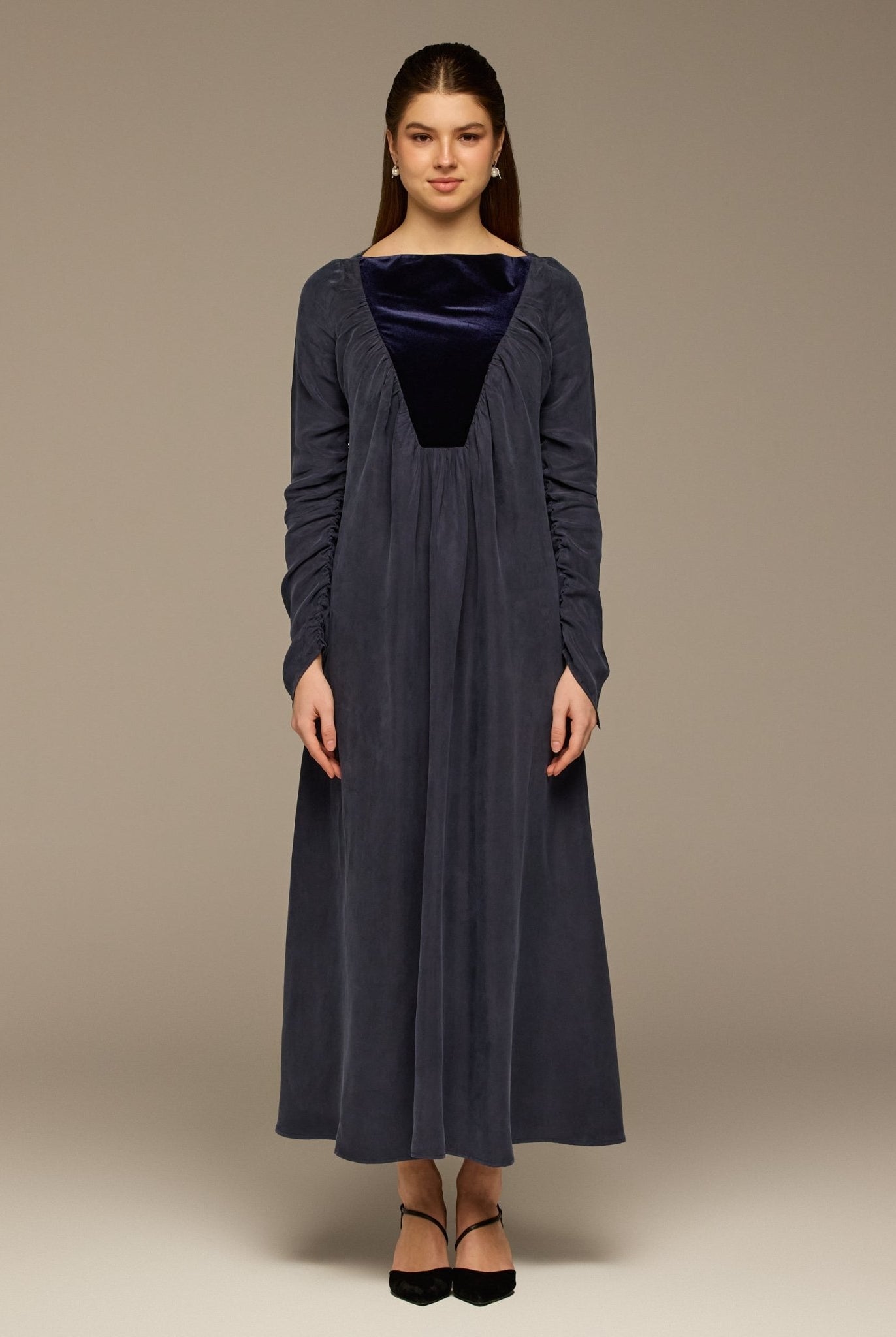 Navy Cupro Dress with Velvet Panel Detail - shopaleena