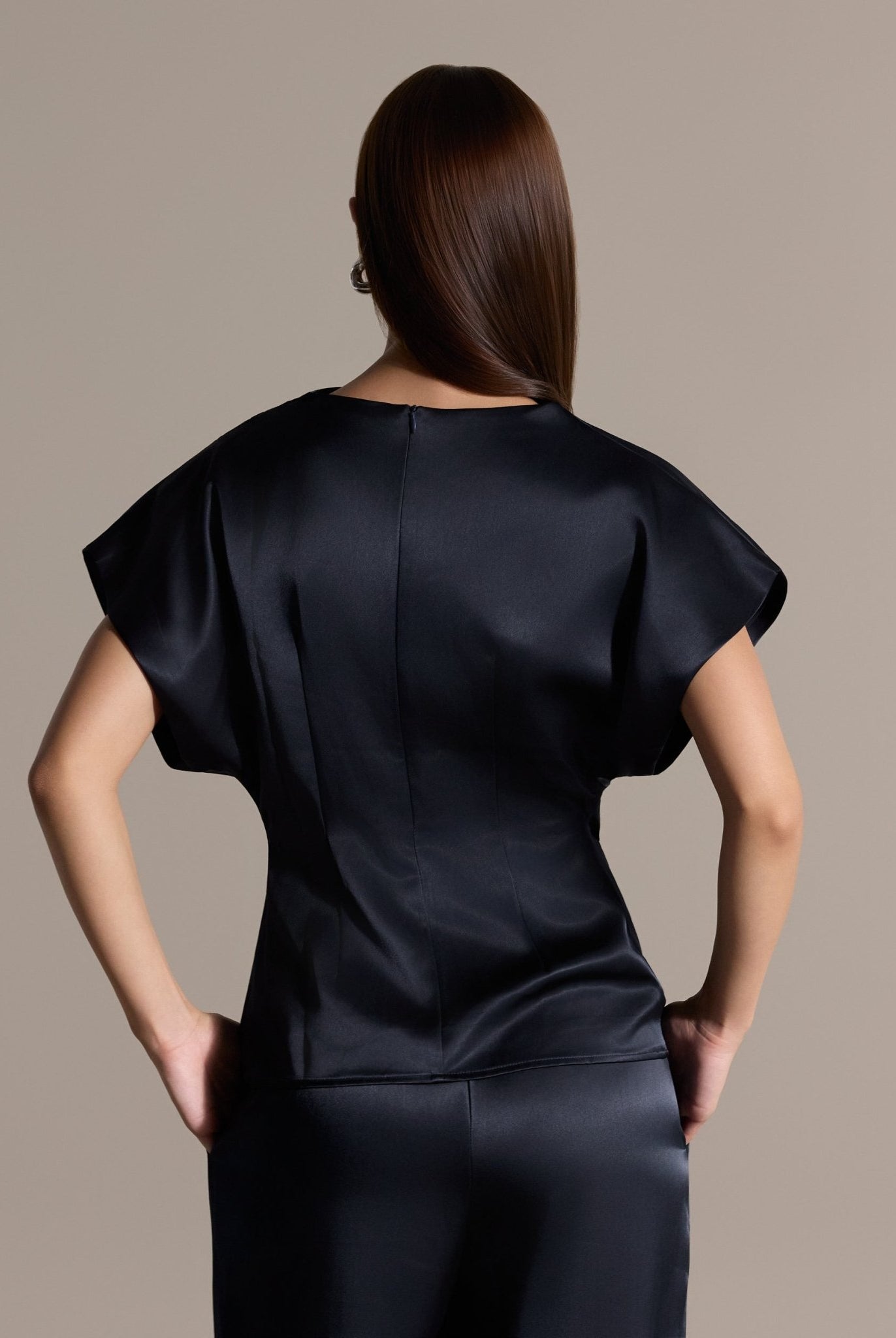 Navy Draped Satin Blouse & Wide Leg Pants Set - shopaleena