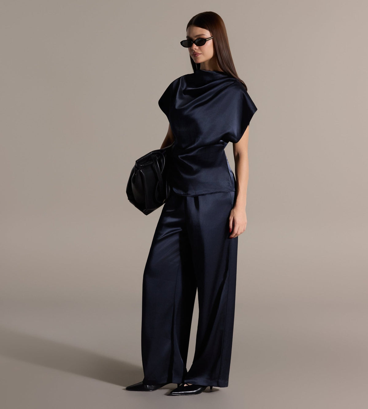 Navy Draped Satin Blouse & Wide Leg Pants Set - shopaleena