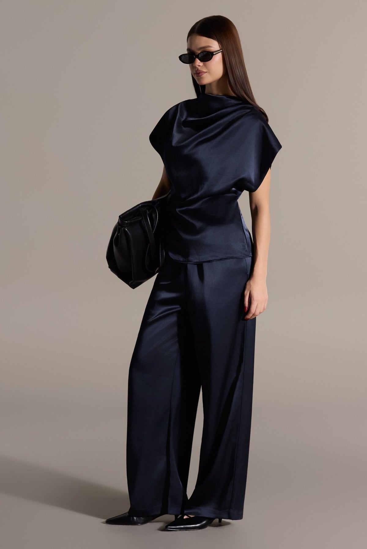 Navy Draped Satin Blouse & Wide Leg Pants Set - shopaleena