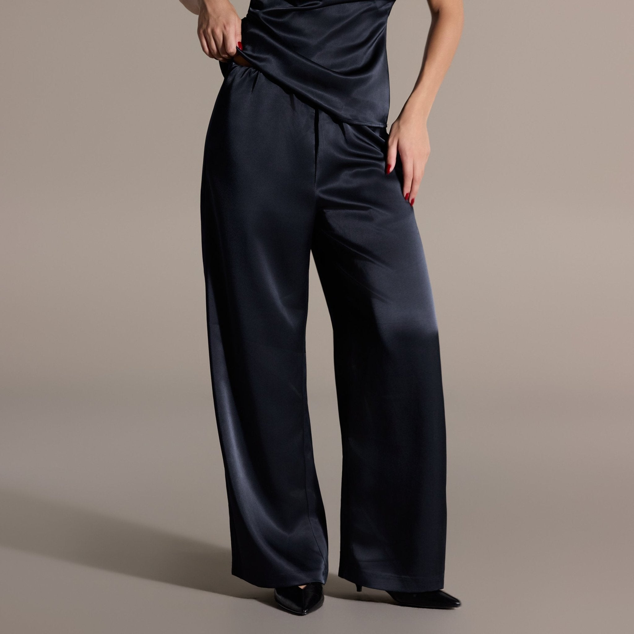Navy Draped Satin Blouse & Wide Leg Pants Set - shopaleena