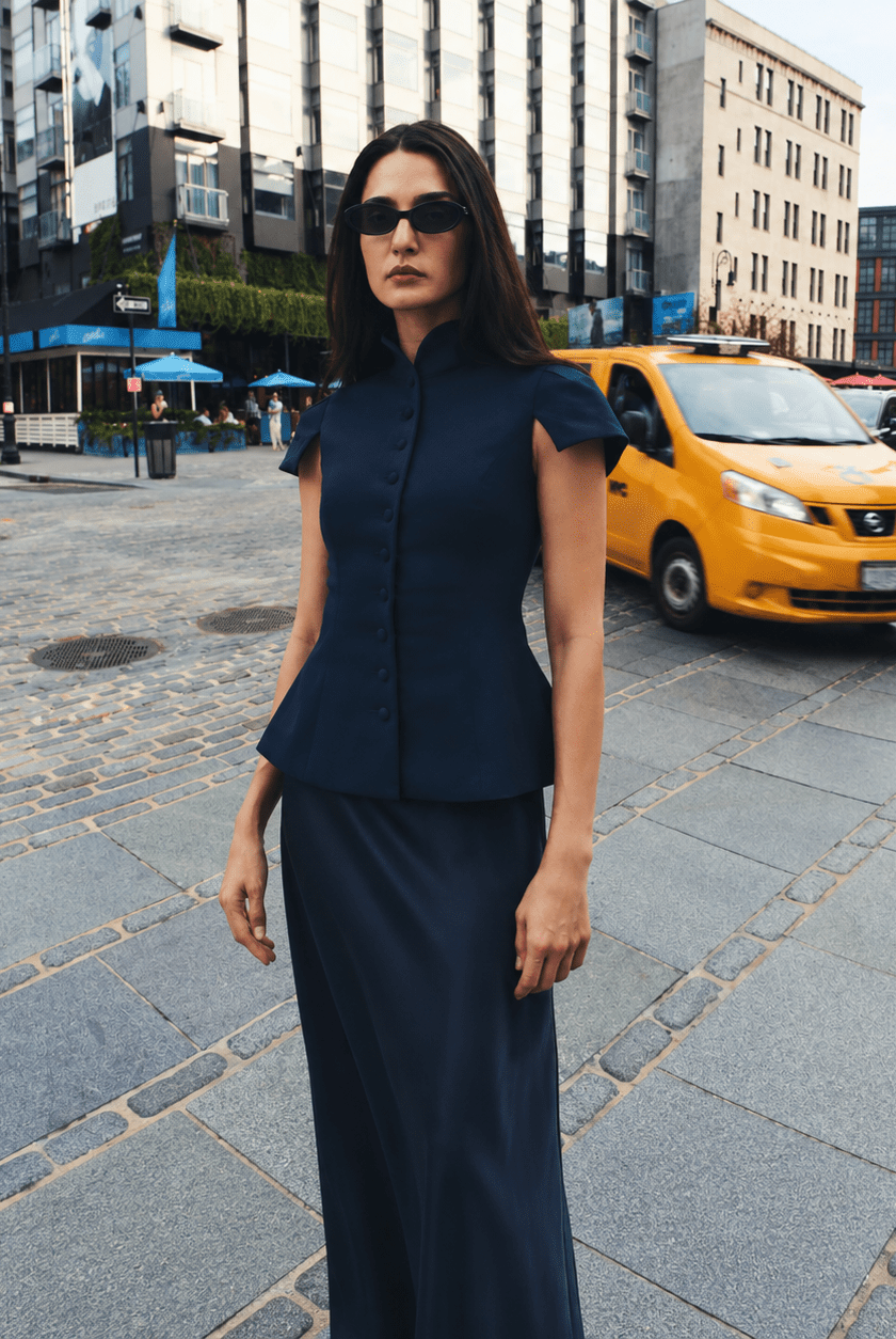 Navy Flared Satin Maxi Skirt - shopaleena