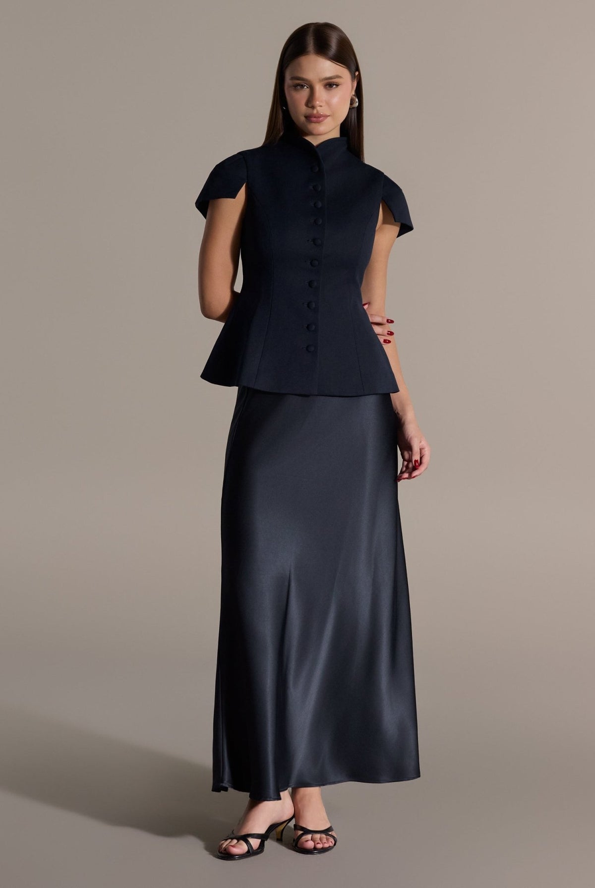 Navy Flared Satin Maxi Skirt - shopaleena