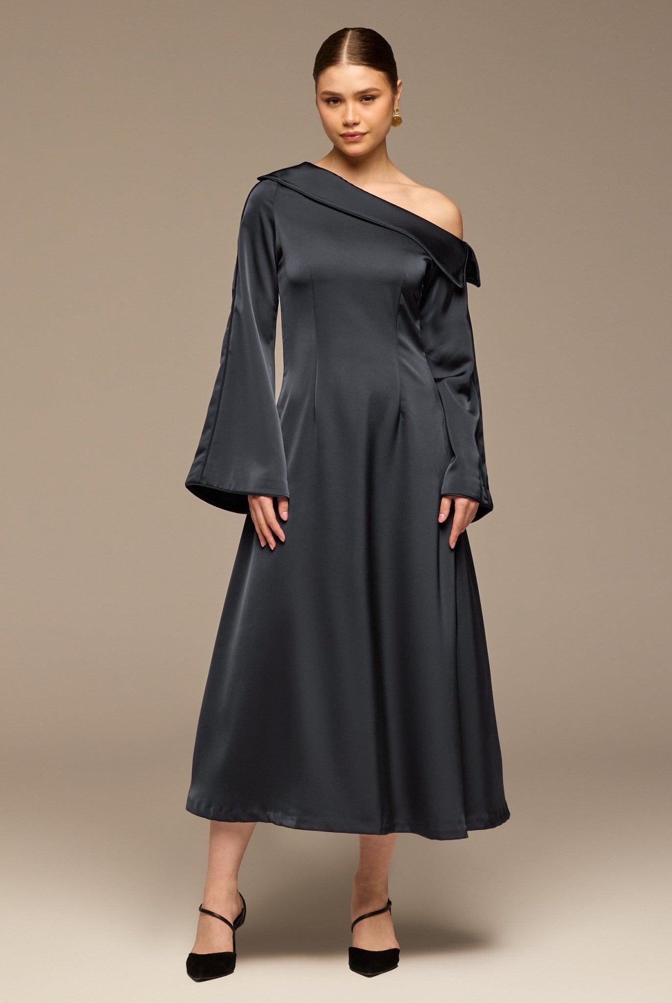 Navy Fold Neck Satin Dress - shopaleena