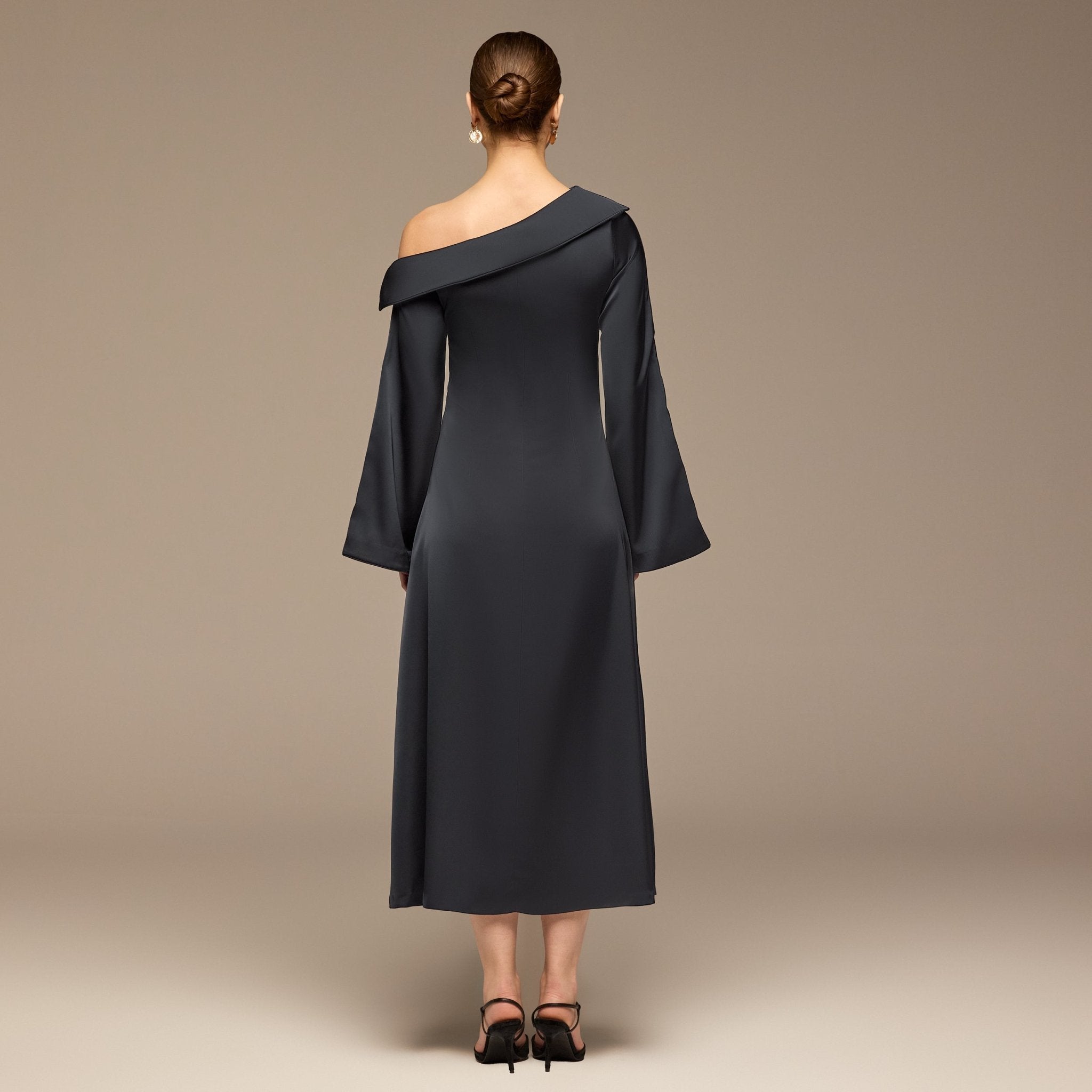 Navy Fold Neck Satin Dress - shopaleena