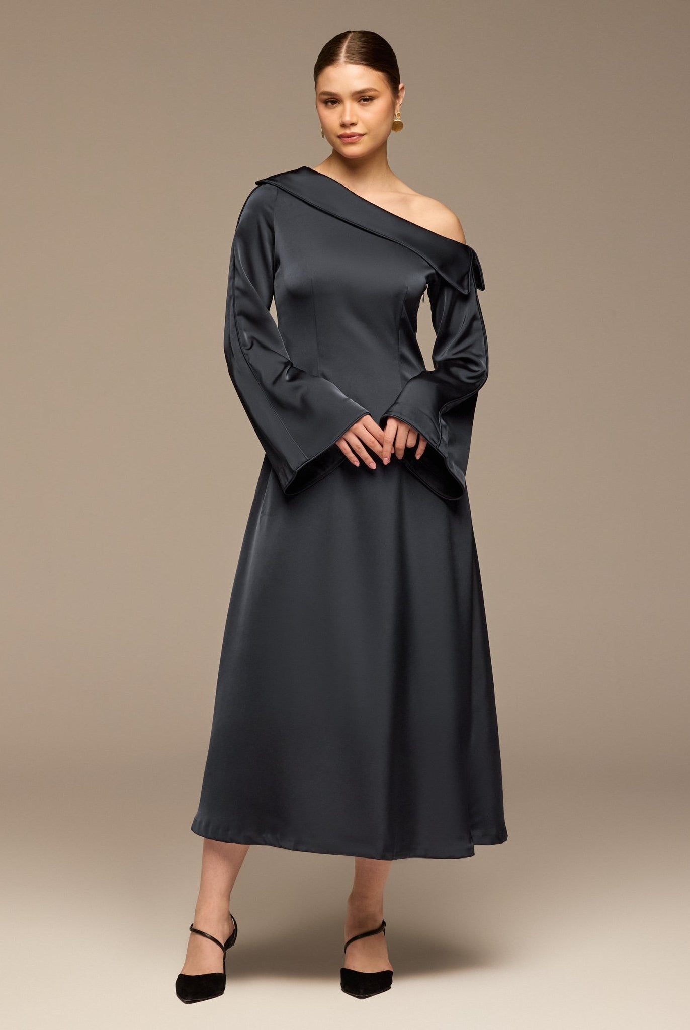 Navy Fold Neck Satin Dress - shopaleena