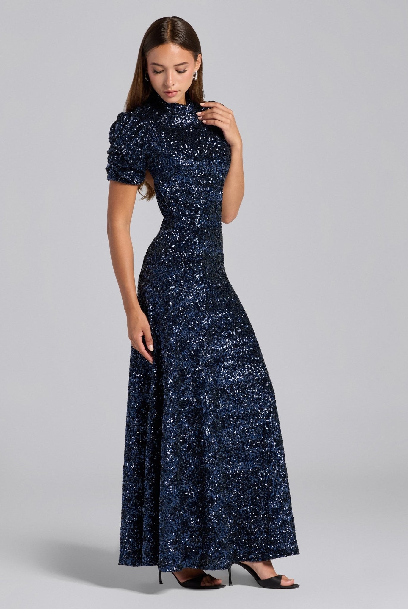 Navy Sequin Puff Sleeve Maxi Dress - shopaleena