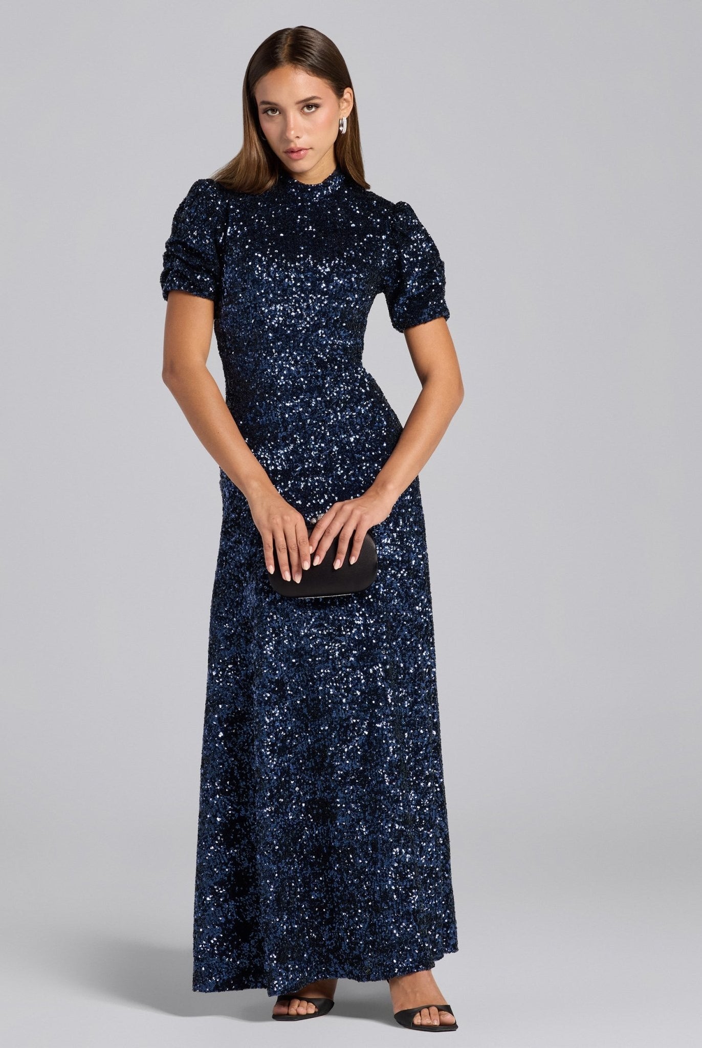 Navy Sequin Puff Sleeve Maxi Dress - shopaleena