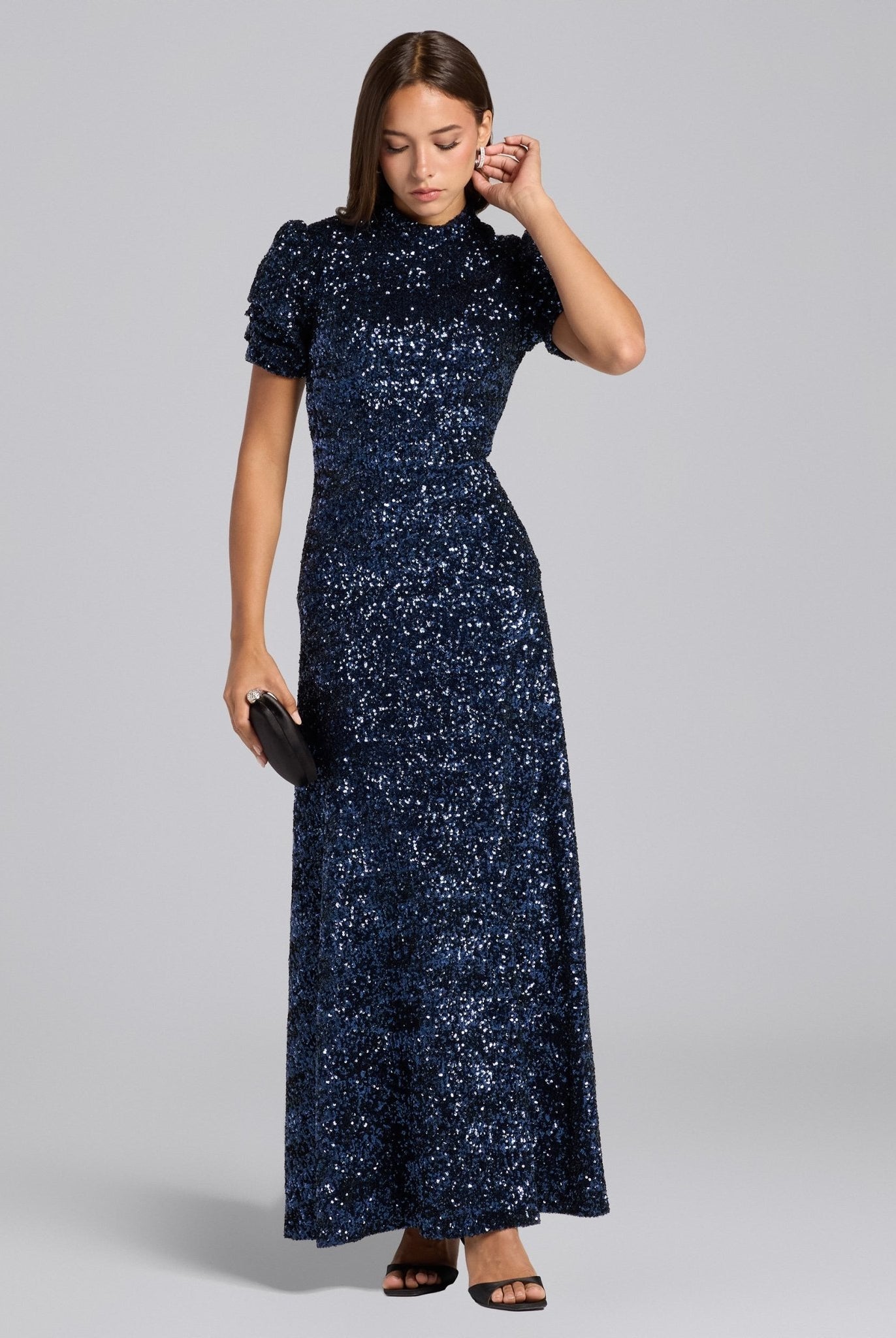Navy Sequin Puff Sleeve Maxi Dress - shopaleena