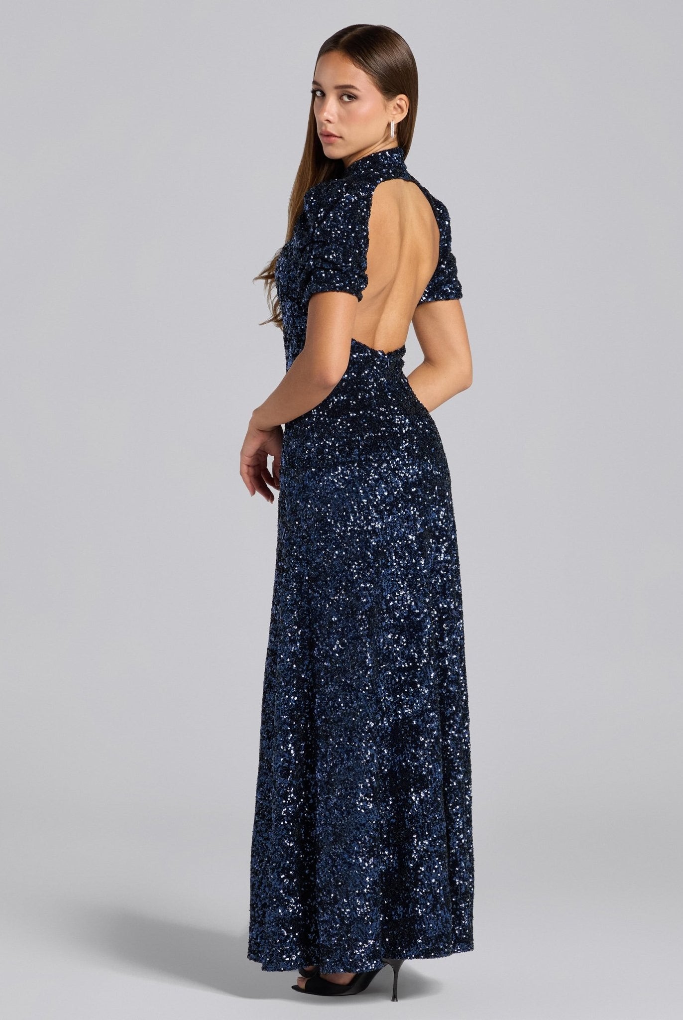 Navy Sequin Puff Sleeve Maxi Dress - shopaleena