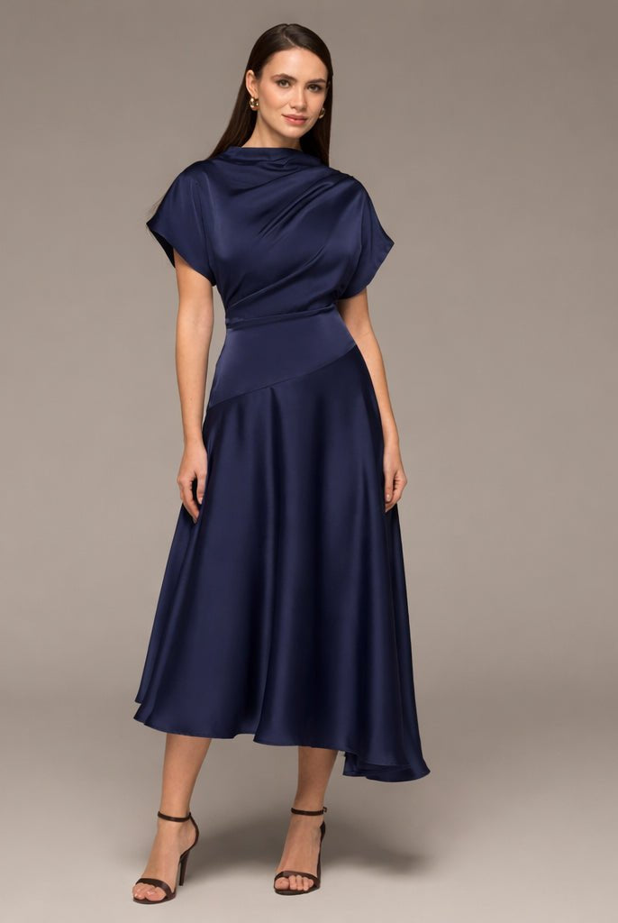 Navy Short Sleeve Asymmetric Satin Dress - shopaleena