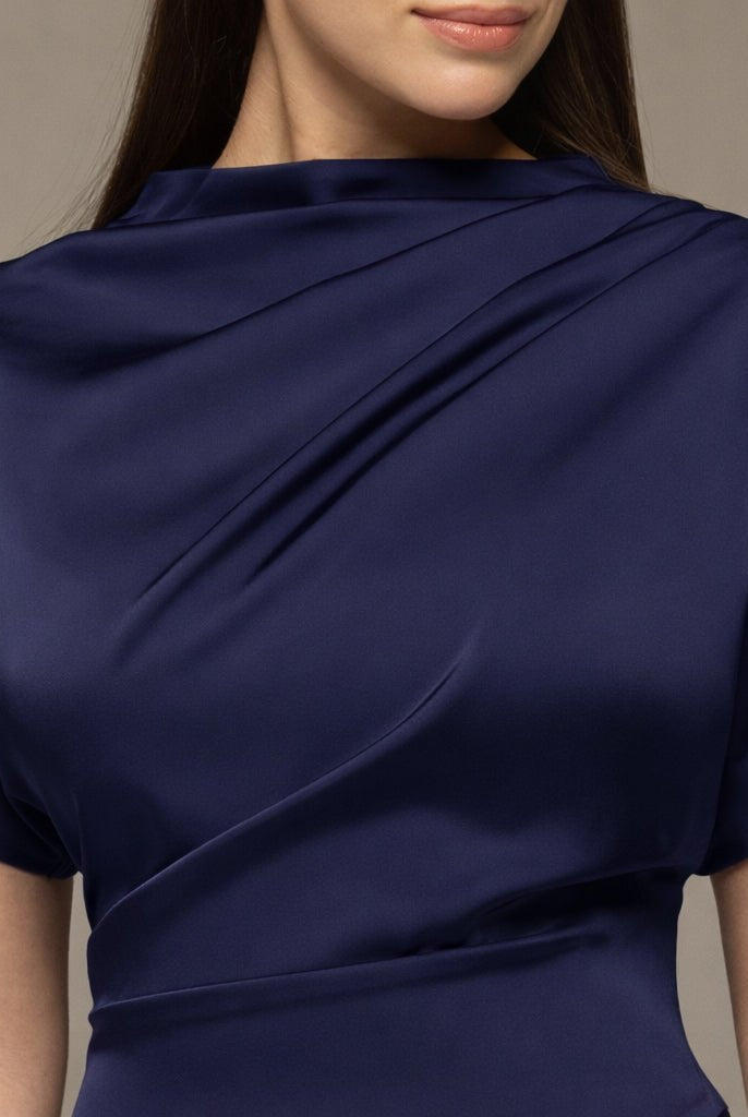 Navy Short Sleeve Asymmetric Satin Dress - shopaleena