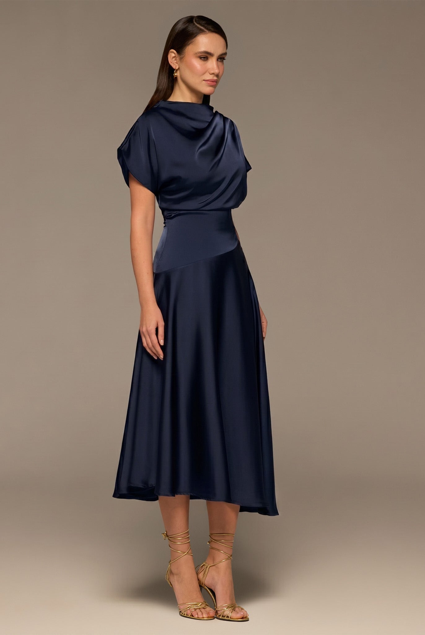 Navy Short Sleeve Asymmetric Satin Dress - shopaleena