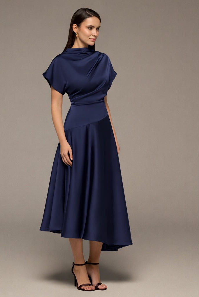 Navy Short Sleeve Asymmetric Satin Dress - shopaleena