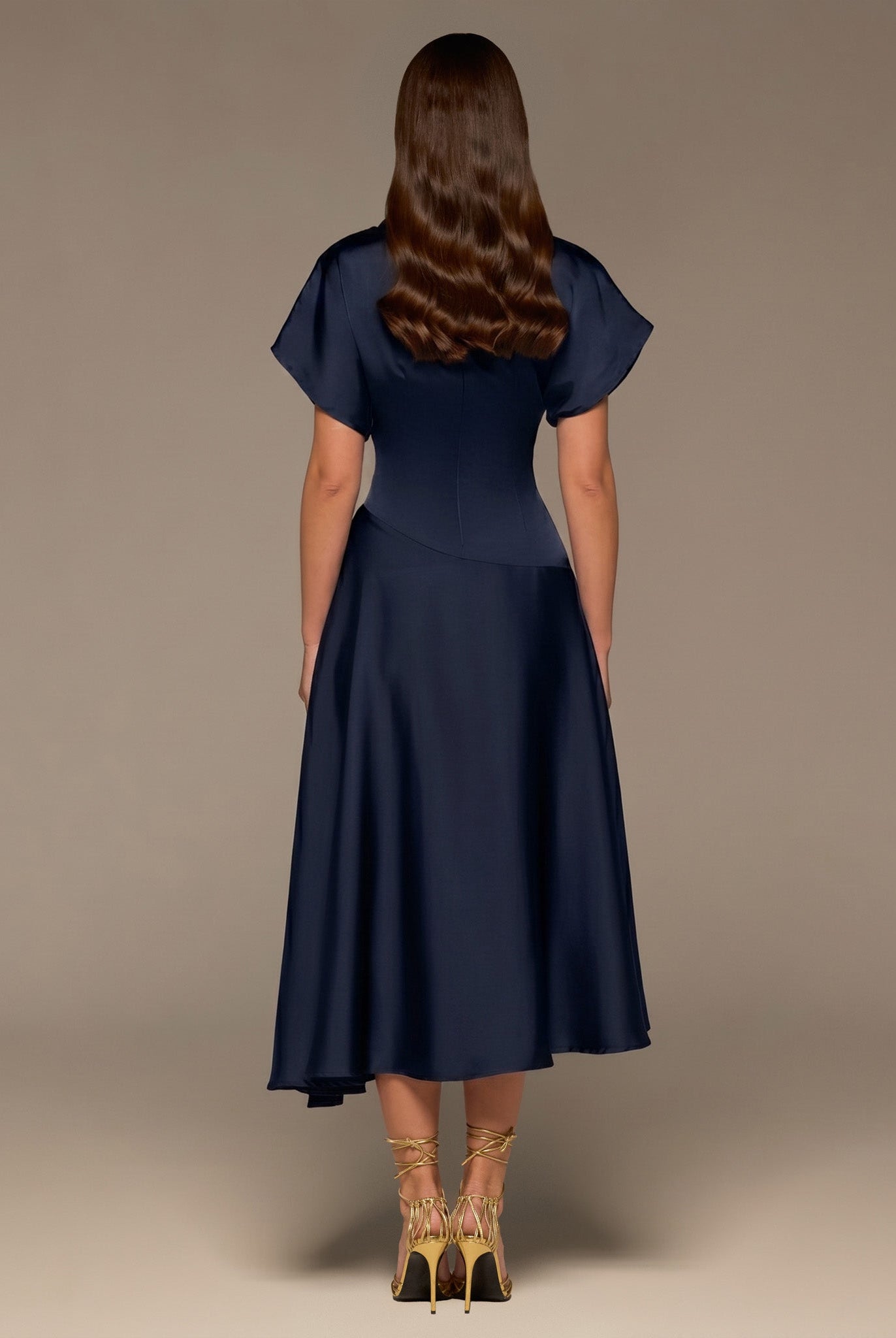Navy Short Sleeve Asymmetric Satin Dress - shopaleena