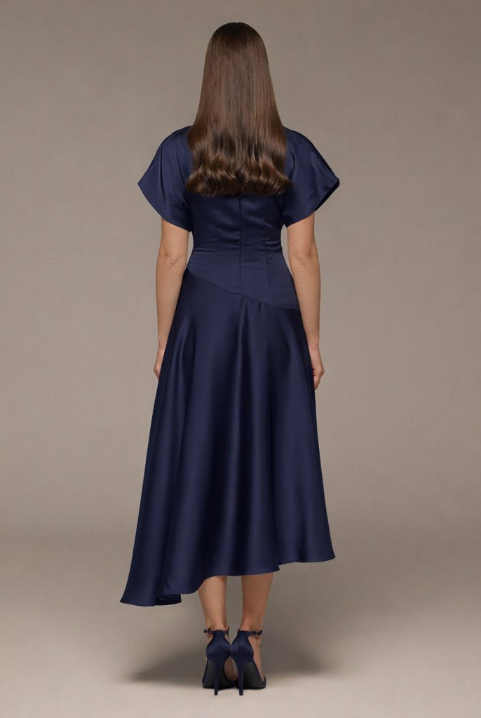 Navy Short Sleeve Asymmetric Satin Dress - shopaleena