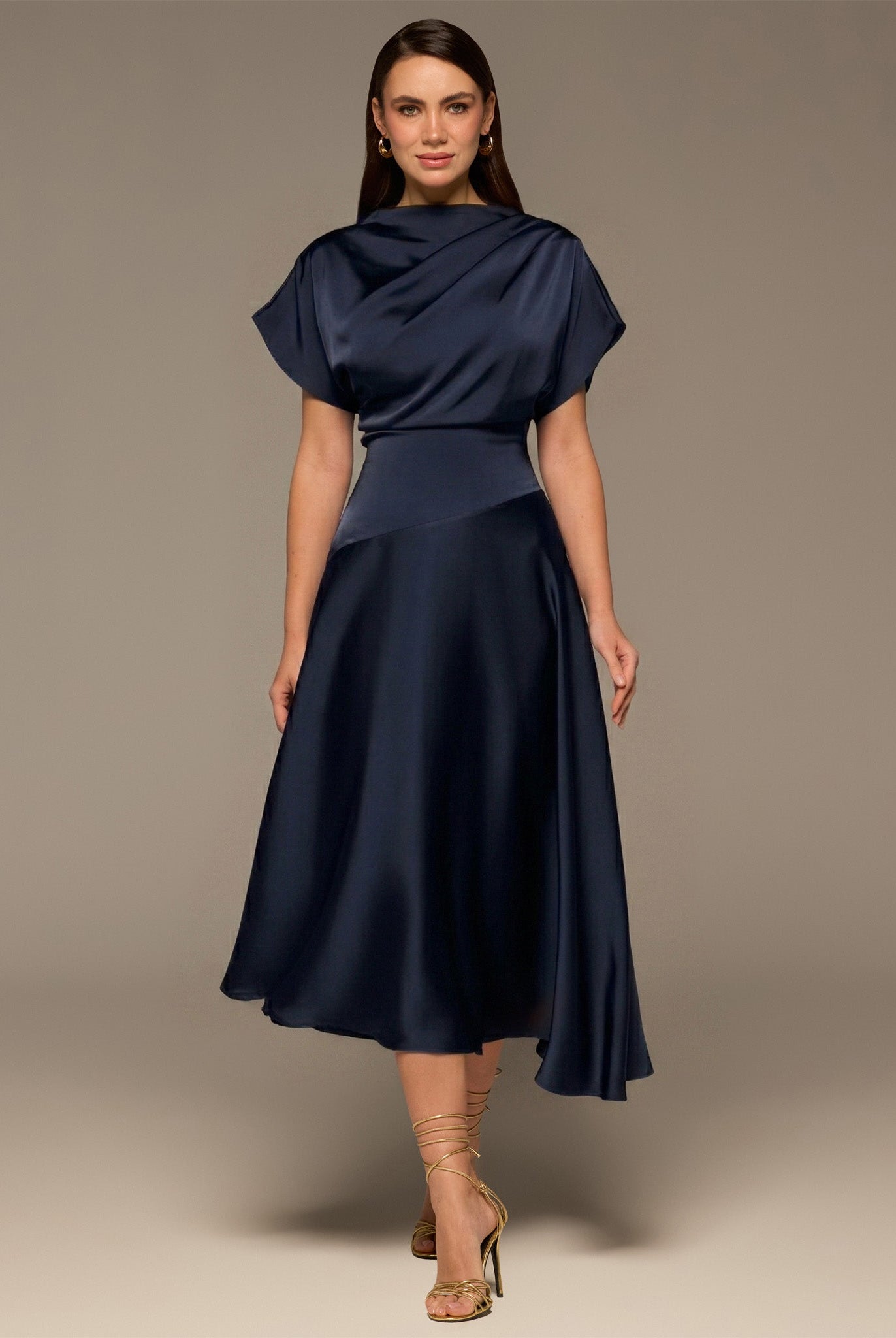 Navy Short Sleeve Asymmetric Satin Dress - shopaleena