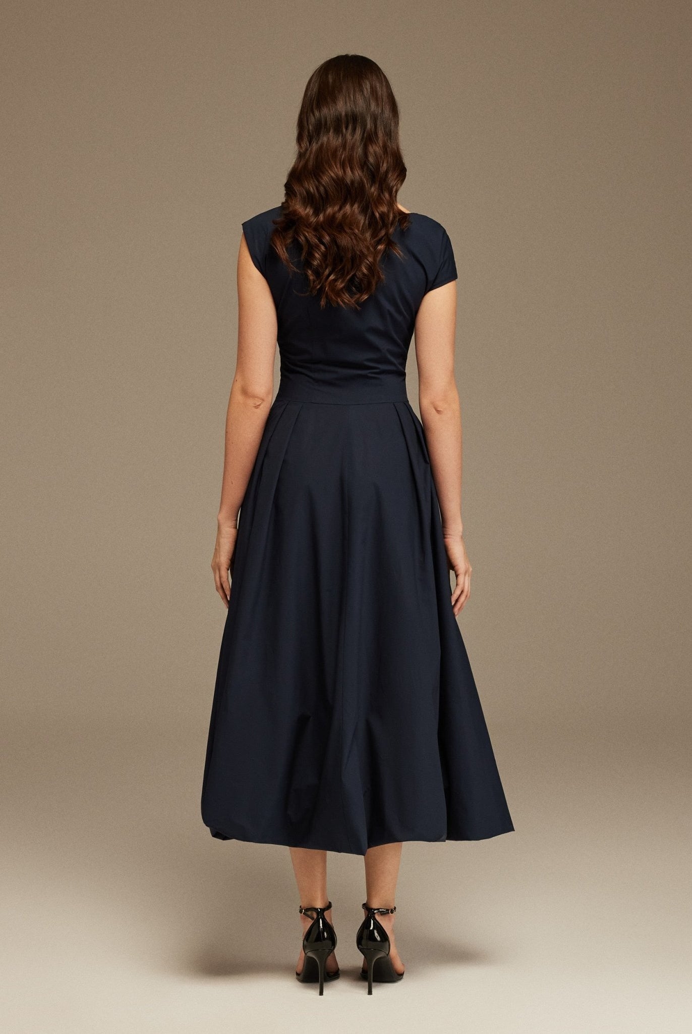 Navy Short Sleeve Balloon Midi Dress - shopaleena