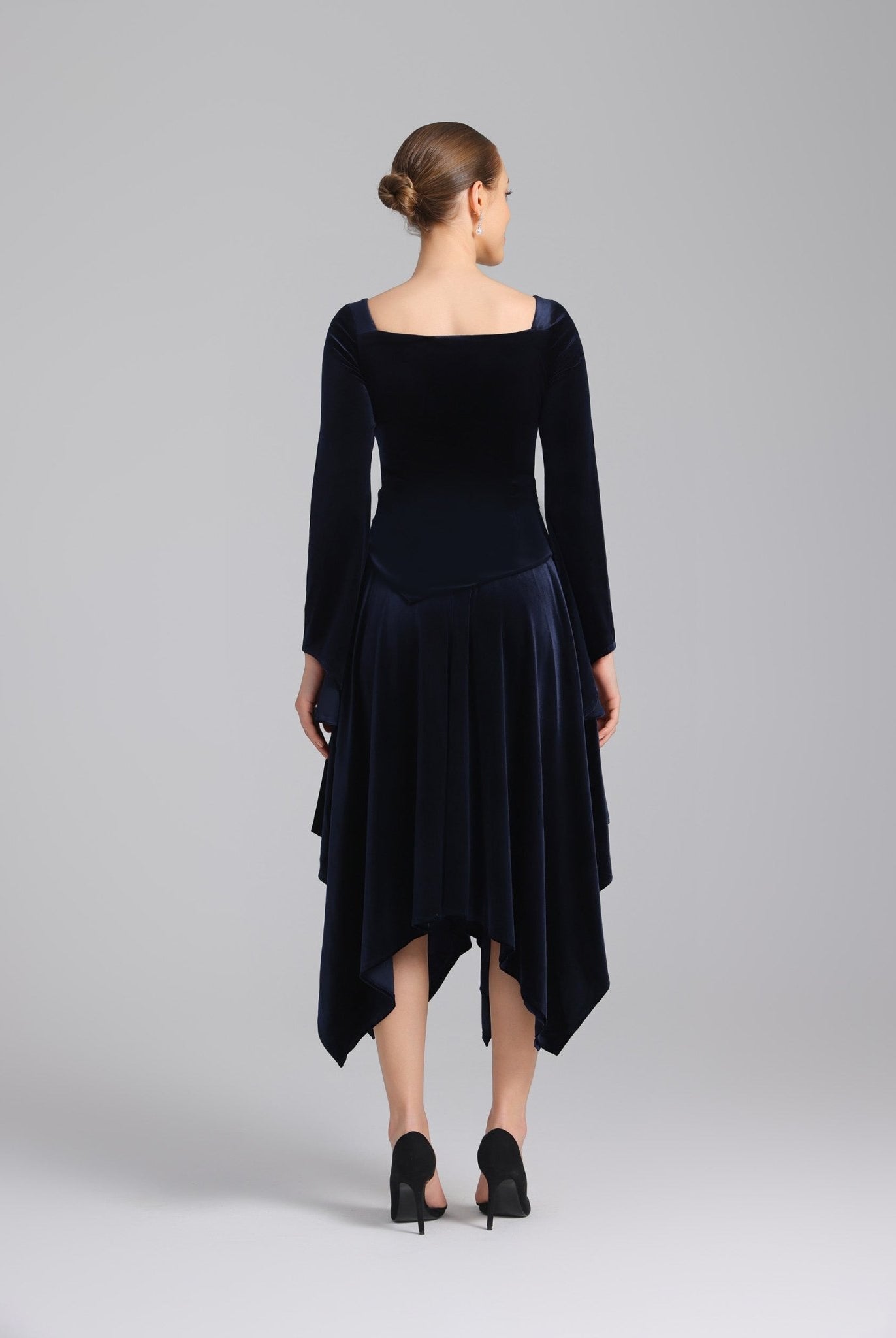 Navy Square Neck Long Sleeve Velvet Dress - shopaleena