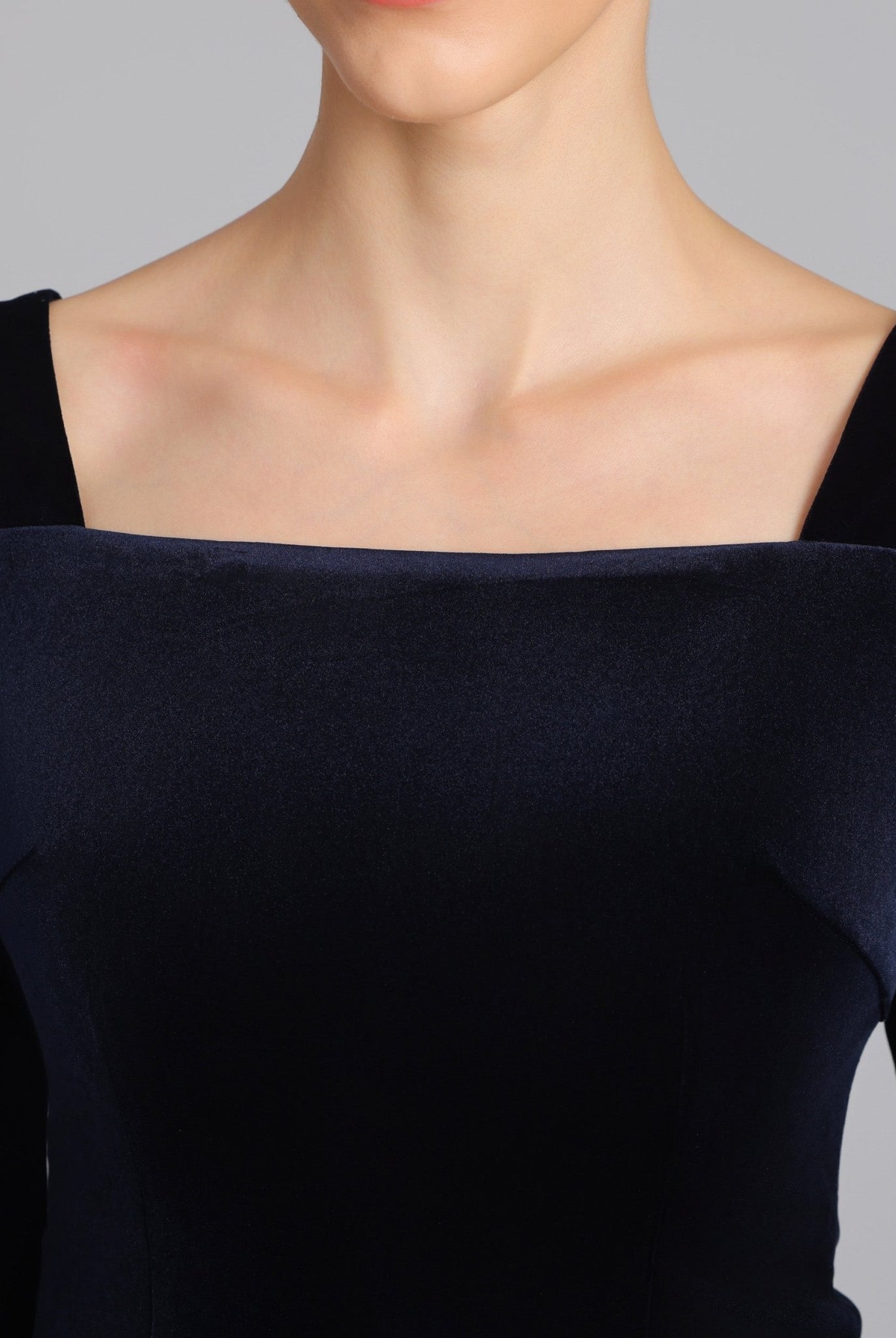 Navy Square Neck Long Sleeve Velvet Dress - shopaleena