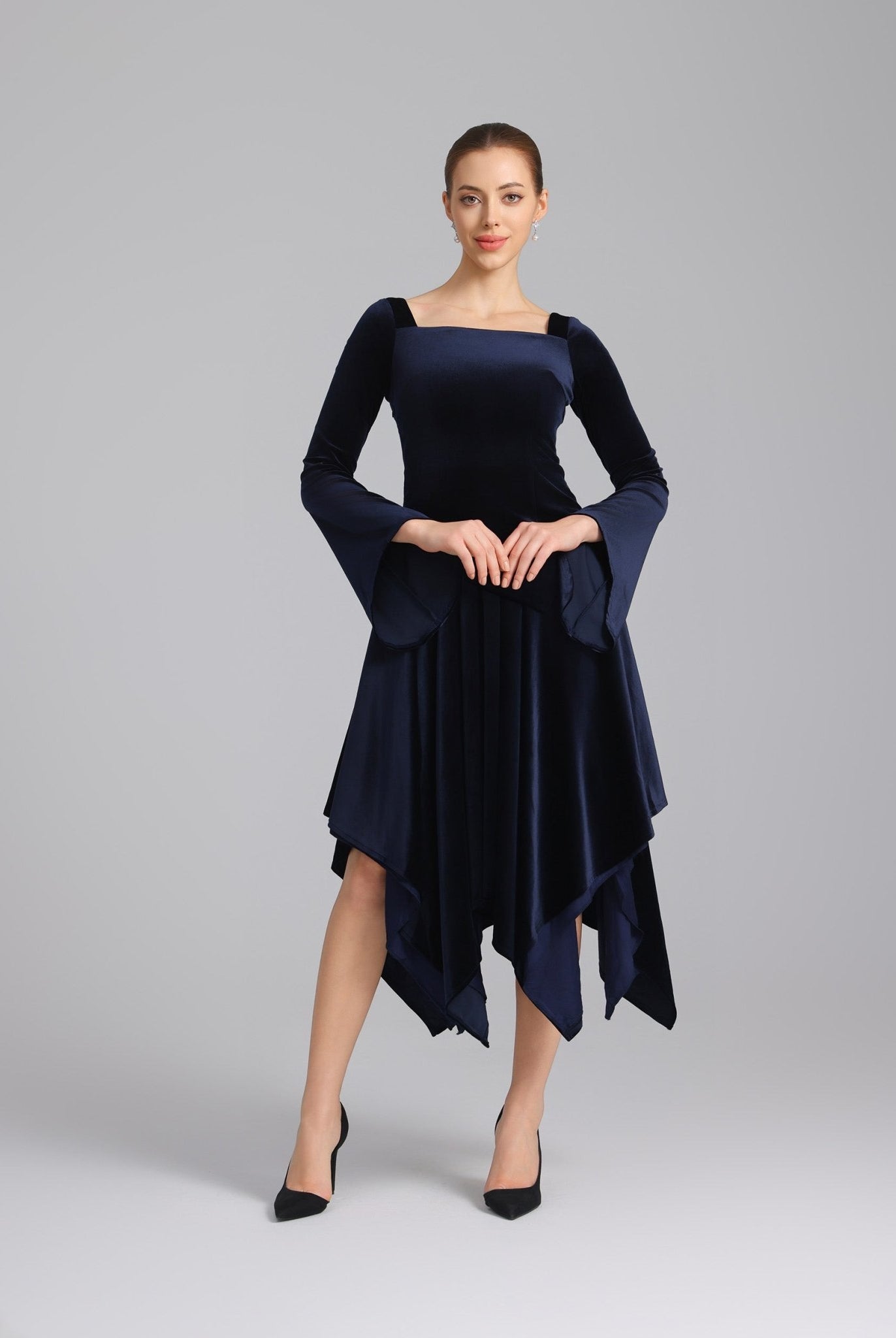Navy Square Neck Long Sleeve Velvet Dress - shopaleena