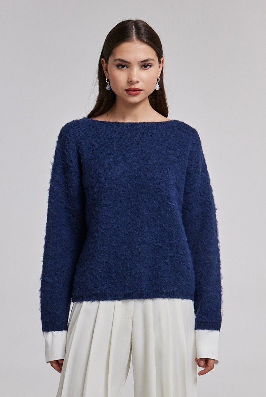 Navy Sweater with Contrast Cuffs - shopaleena