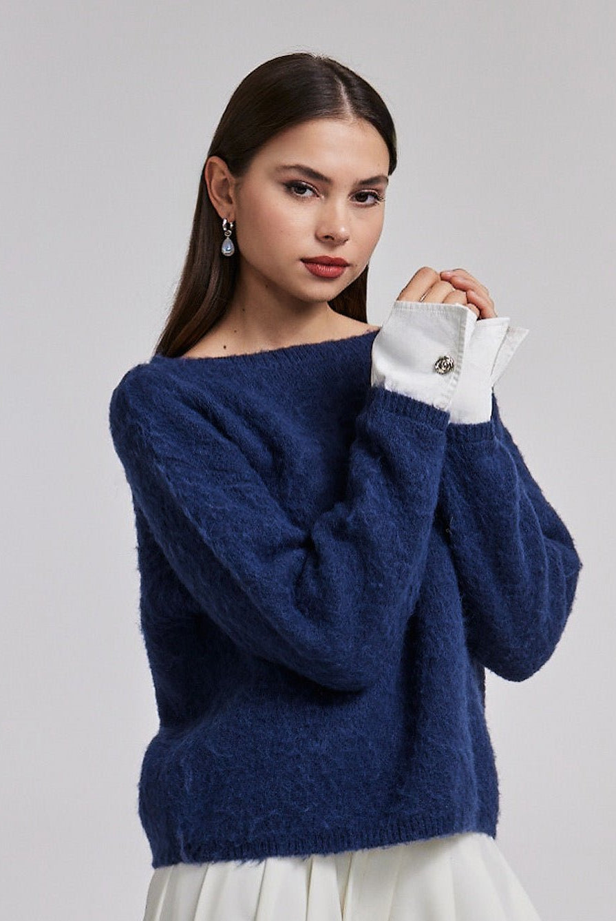 Navy Sweater with Contrast Cuffs - shopaleena
