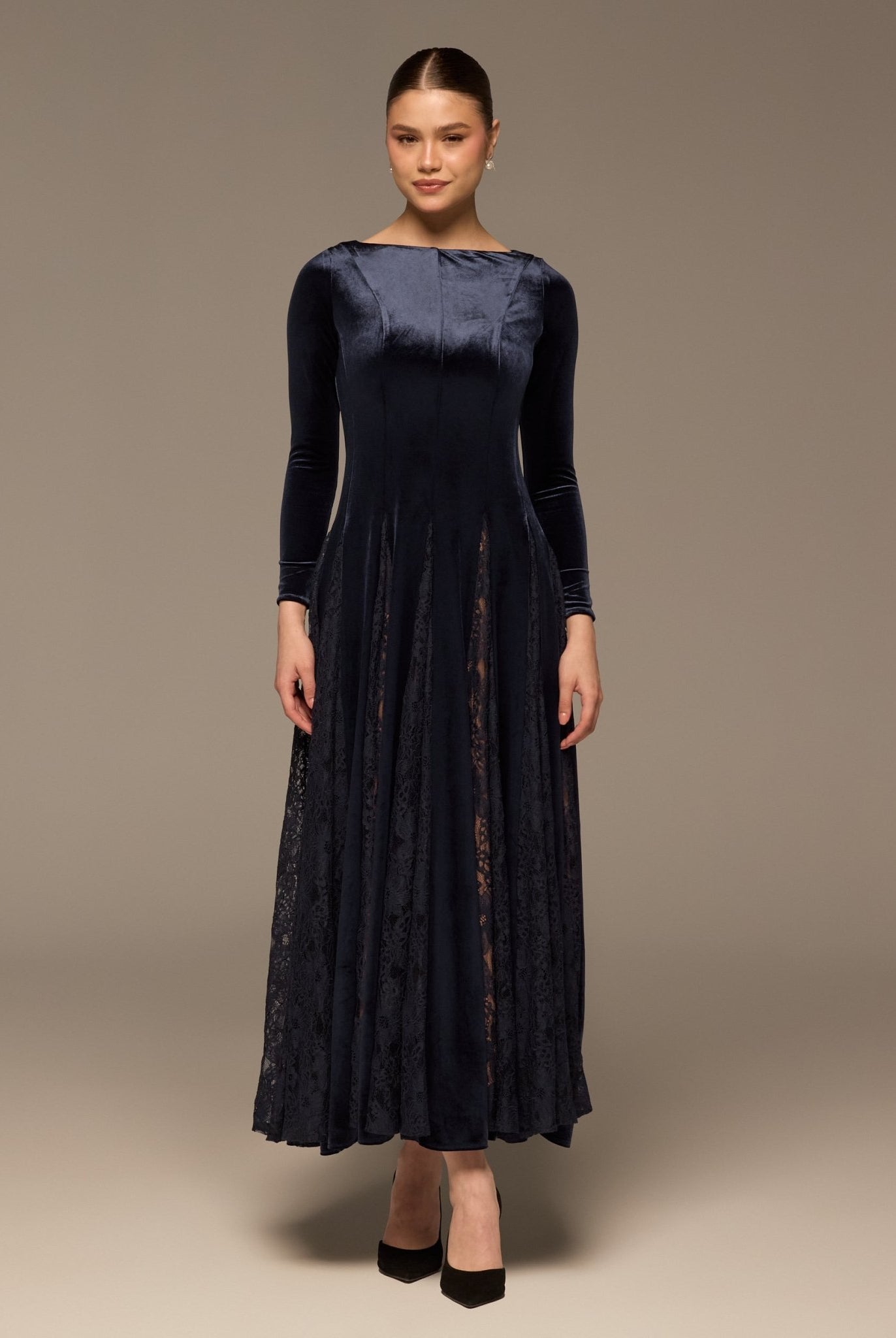 Navy Velvet Maxi Dress with Lace Godets - shopaleena