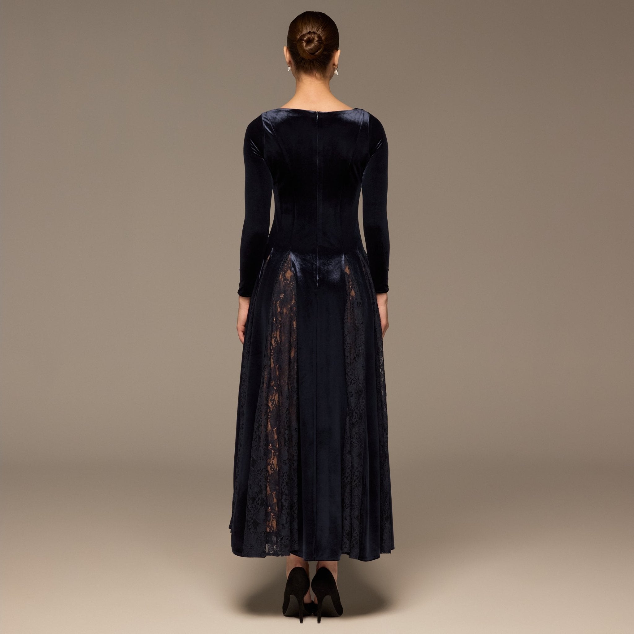 Navy Velvet Maxi Dress with Lace Godets - shopaleena