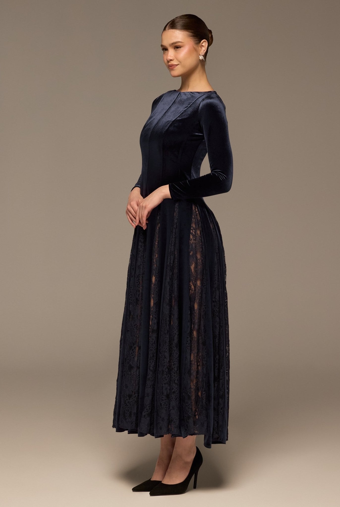 Navy Velvet Maxi Dress with Lace Godets - shopaleena