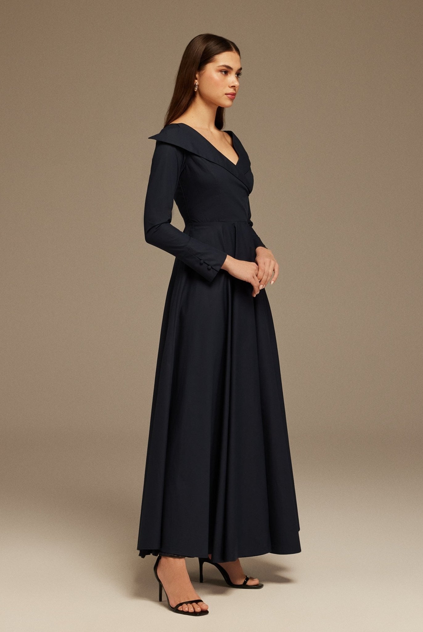 Navy Wide Neck Long Sleeve Midi Dress - shopaleena