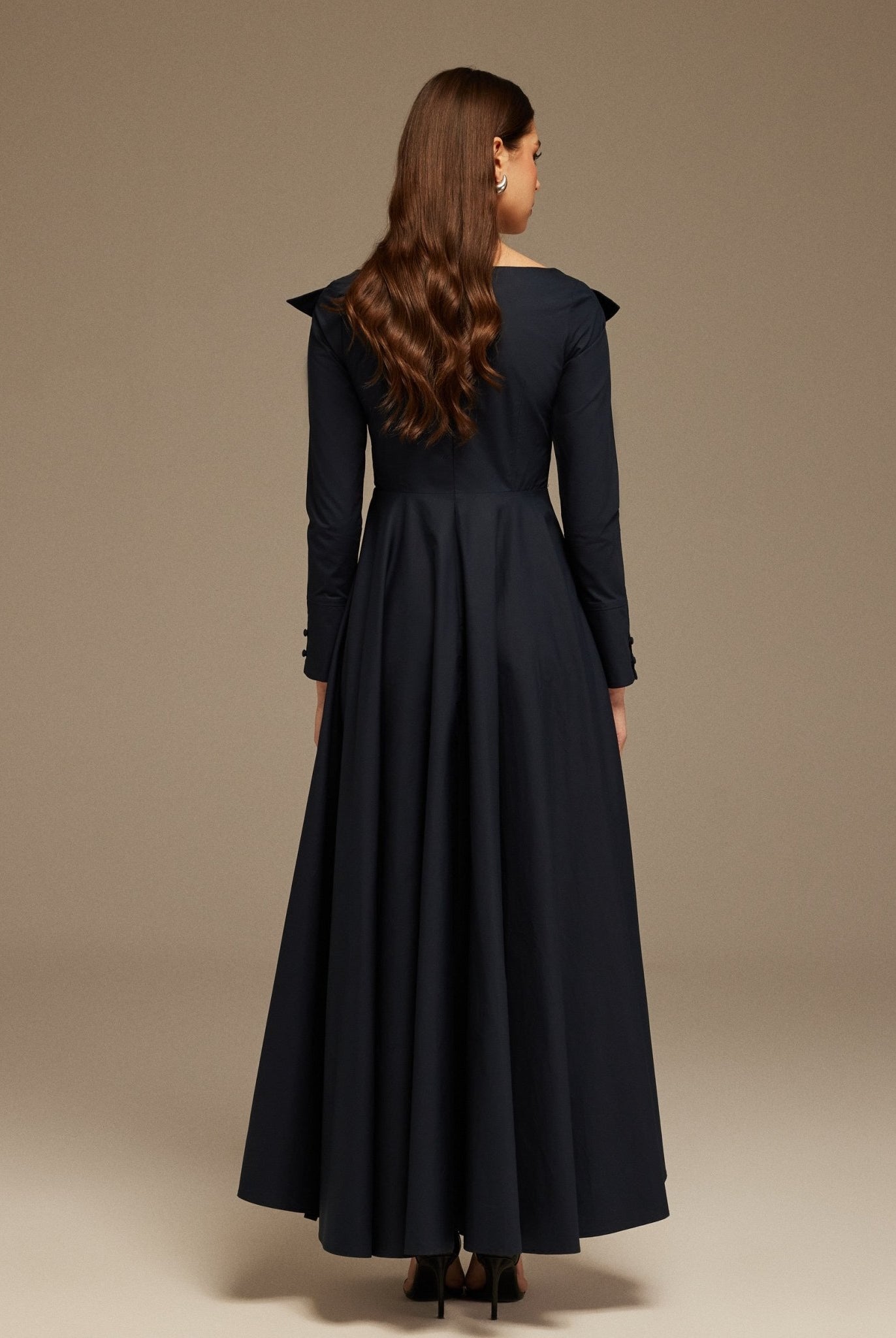 Navy Wide Neck Long Sleeve Midi Dress - shopaleena