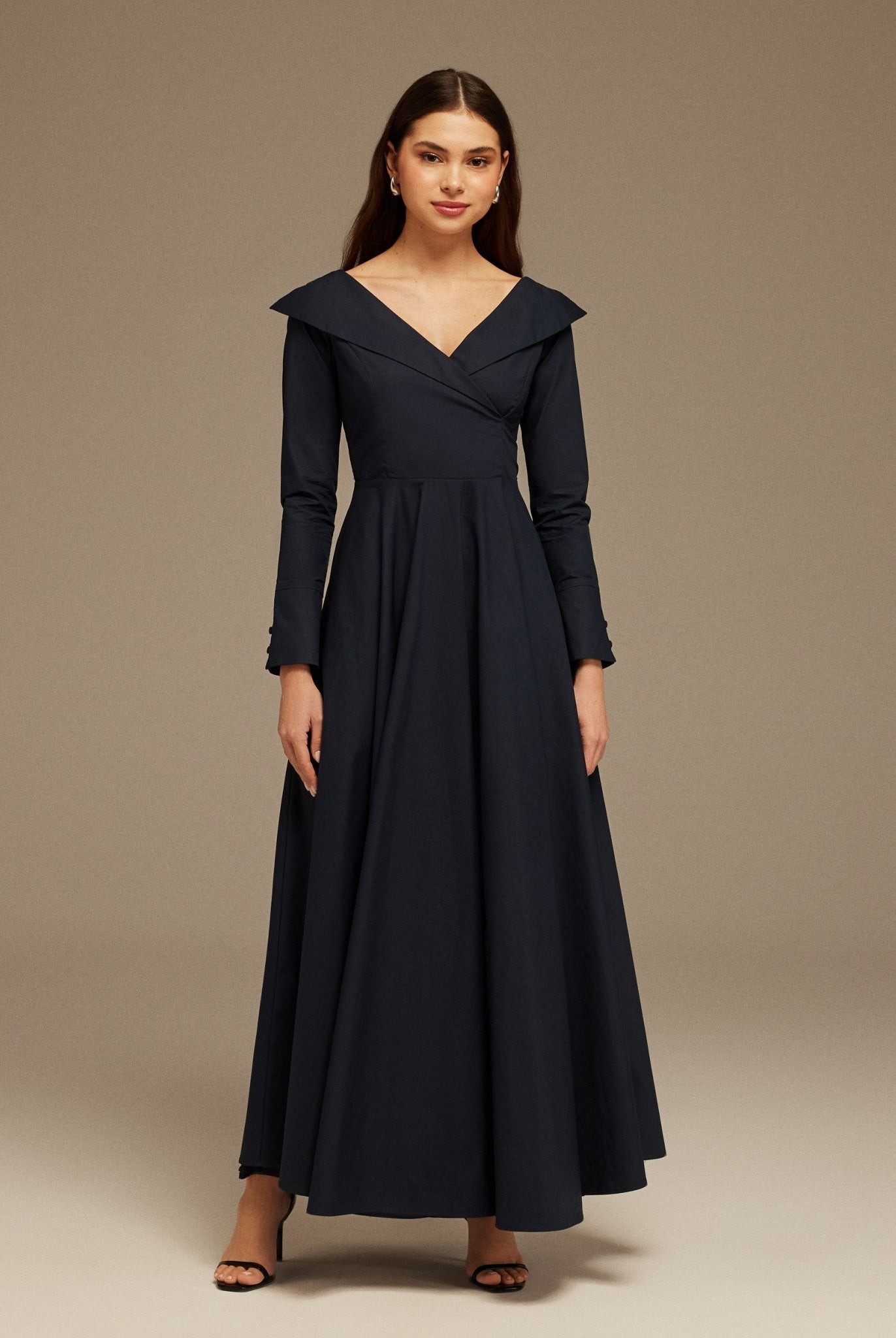Navy Wide Neck Long Sleeve Midi Dress - shopaleena