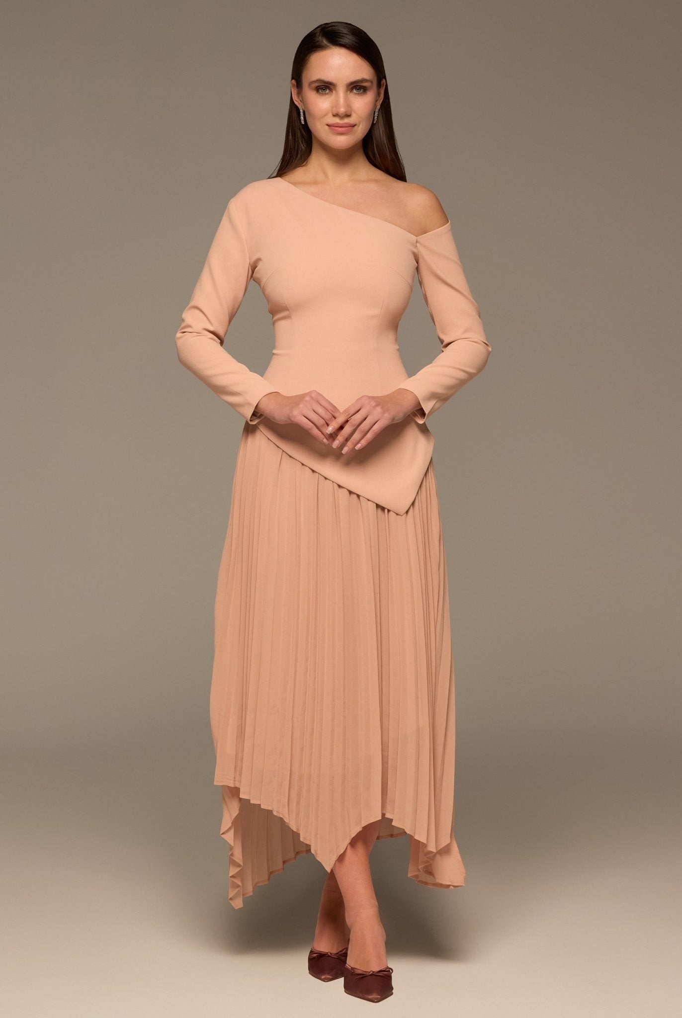 Nude One - shoulder Crepe Dress With Pleated Skirt - shopaleena