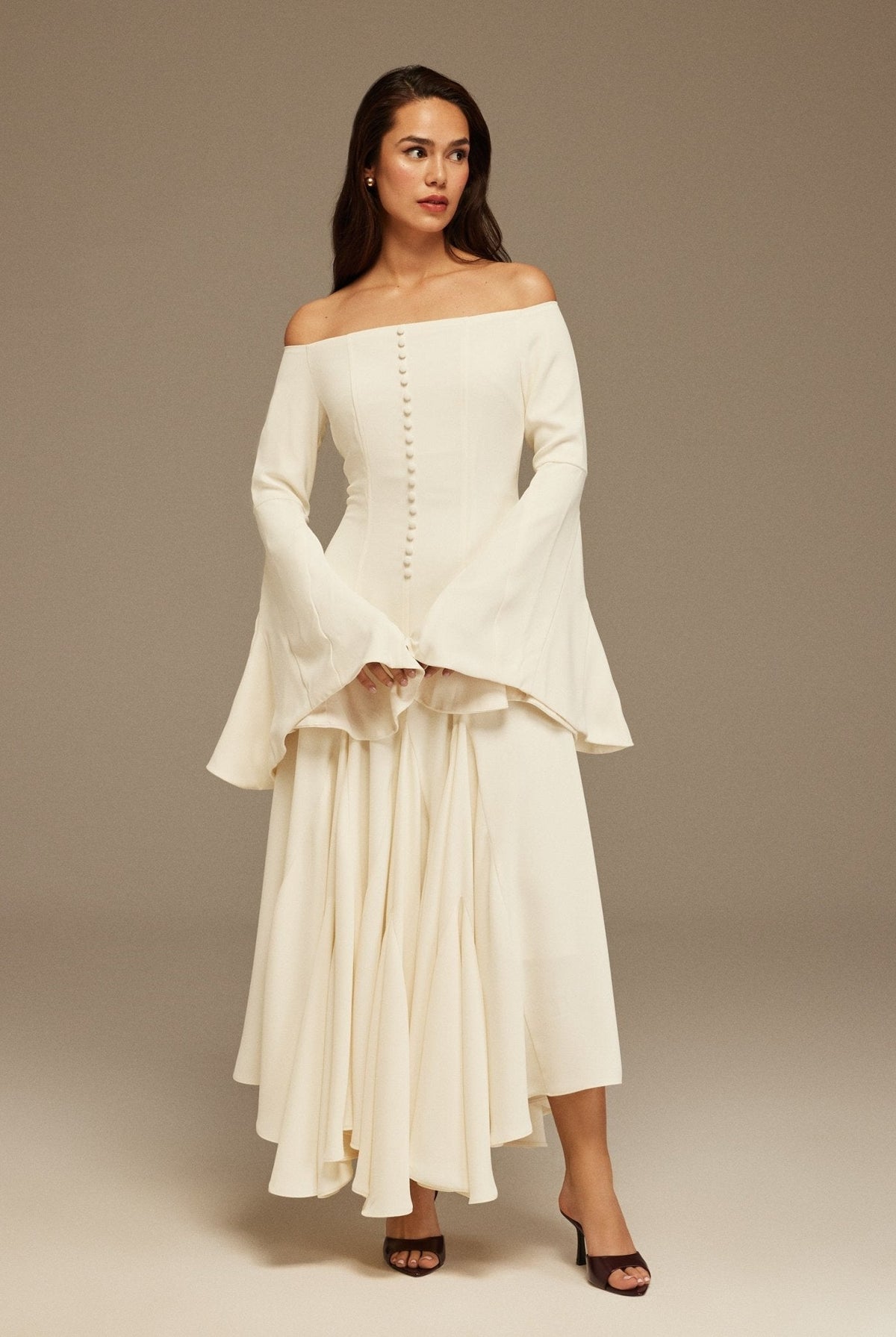 Off-Shoulder Aline Midi Crepe Dress - shopaleena